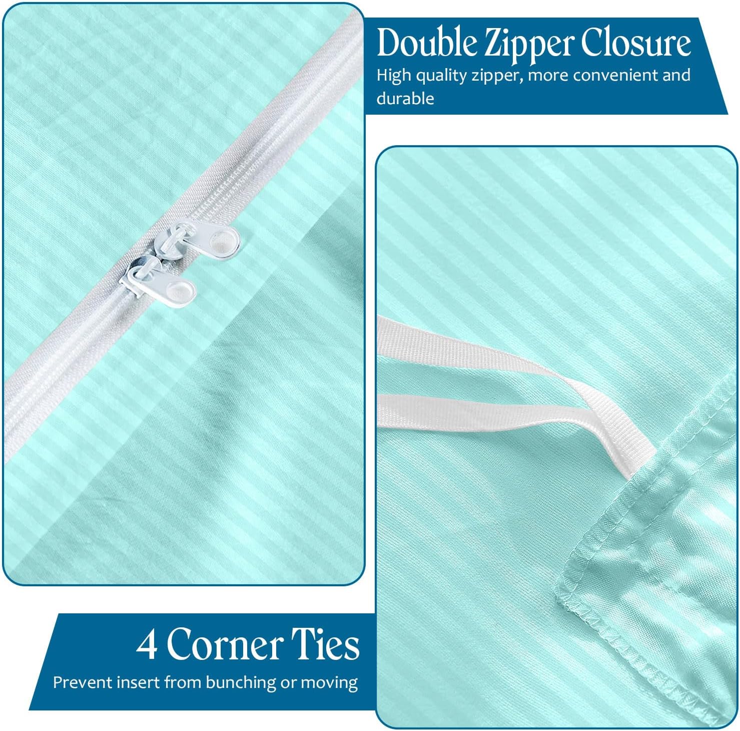 800TC 3 Sided Zipper Duvet Cover Set Soft Egyptian Cotton 3 Sided Zipper Closure, 3 PCS 1-Duvet Cover & 2- Pillow Shams - Oversize Queen Size (98' x 98') Inches, (Aqua Blue Stripe)