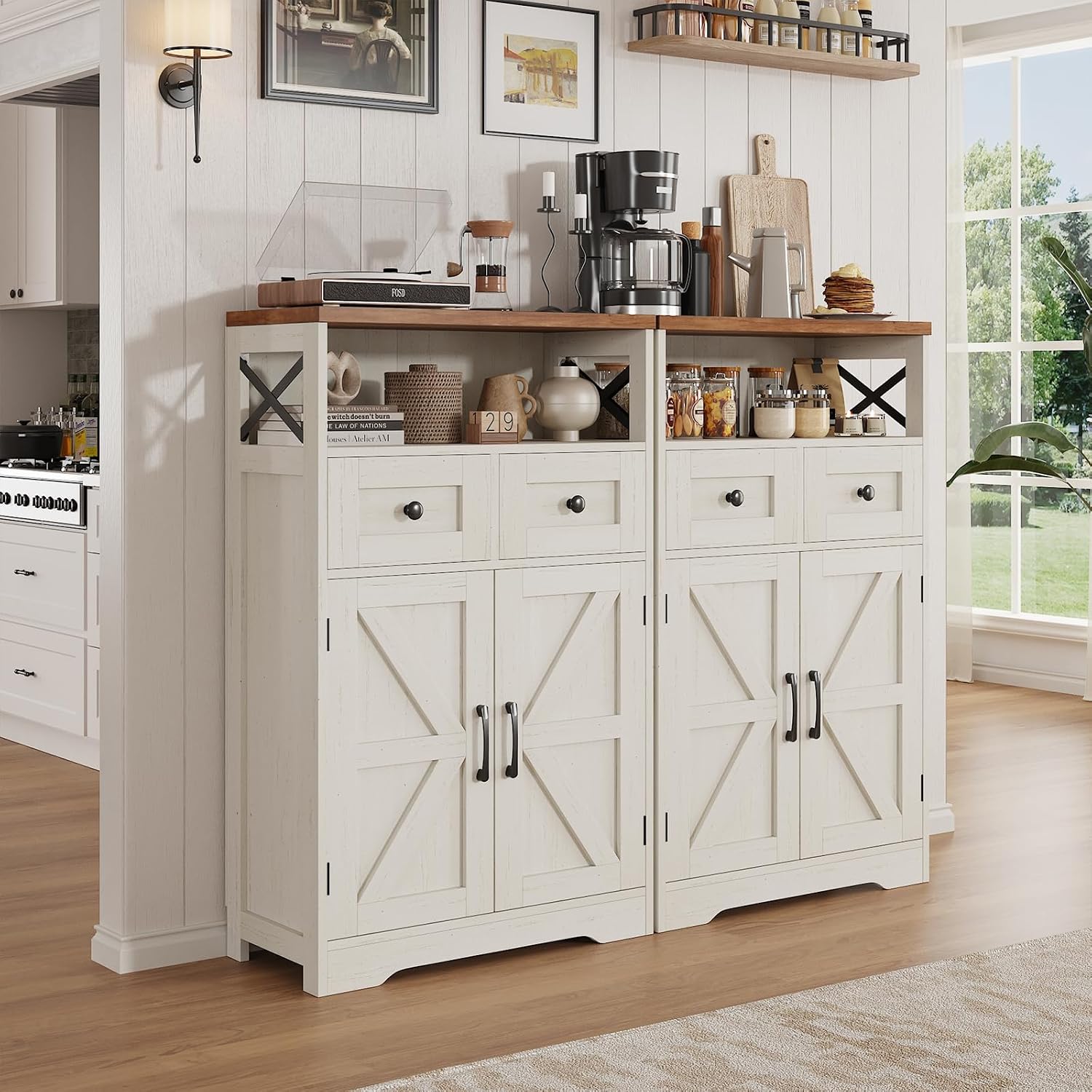 Befrases Set of 2 Farmhouse Storage Cabinet with Barn Doors and Drawers, Freestanding Kitchen Pantry, Floor Storage Cabinet Hutch Cupboard for Kitchen, Laundry, Living Room, White