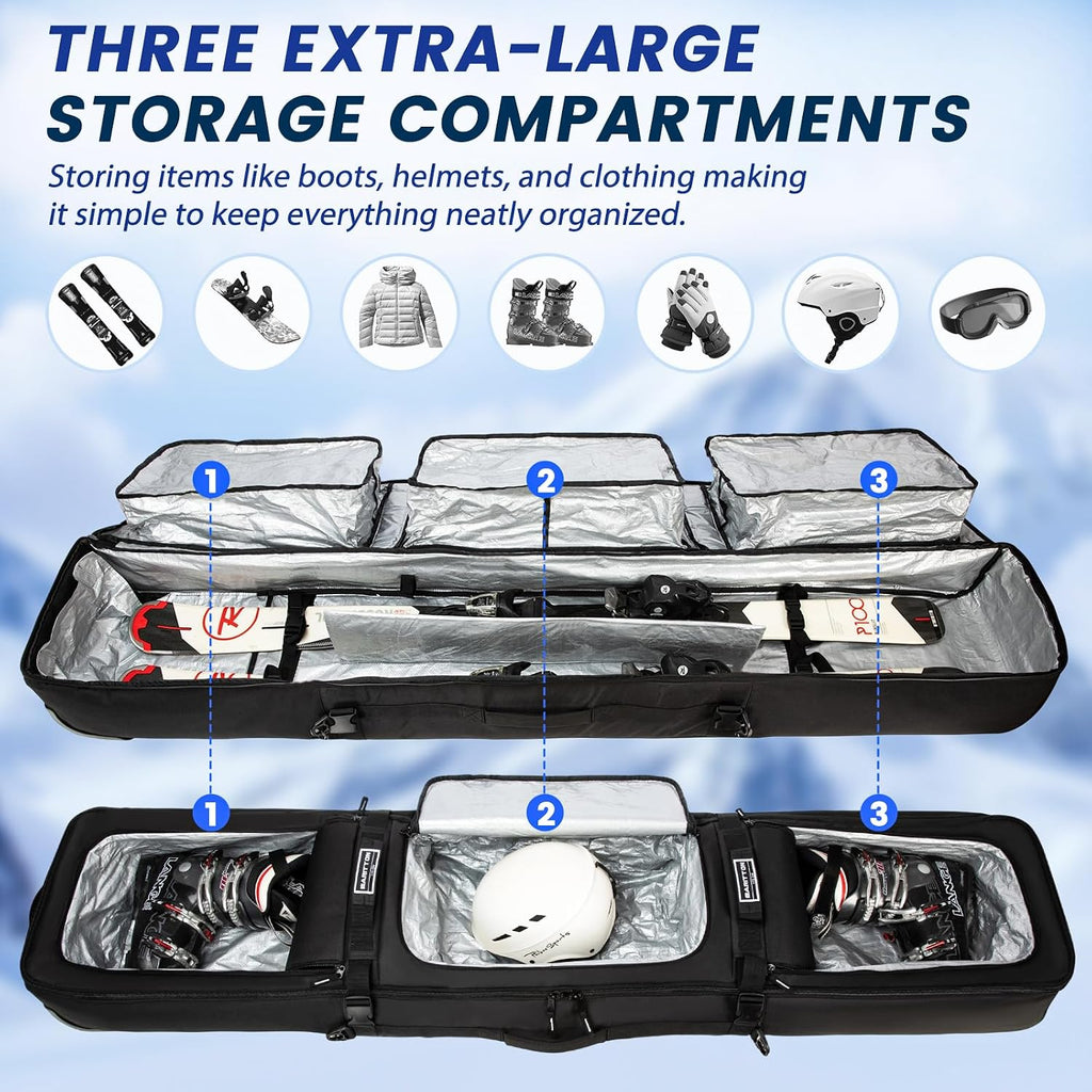 Double Rolling Ski Bag with Wheels, Padded Ski Bag for Air Travel to Hold 2 Pairs of Skis up to 175 or 190 cm.
