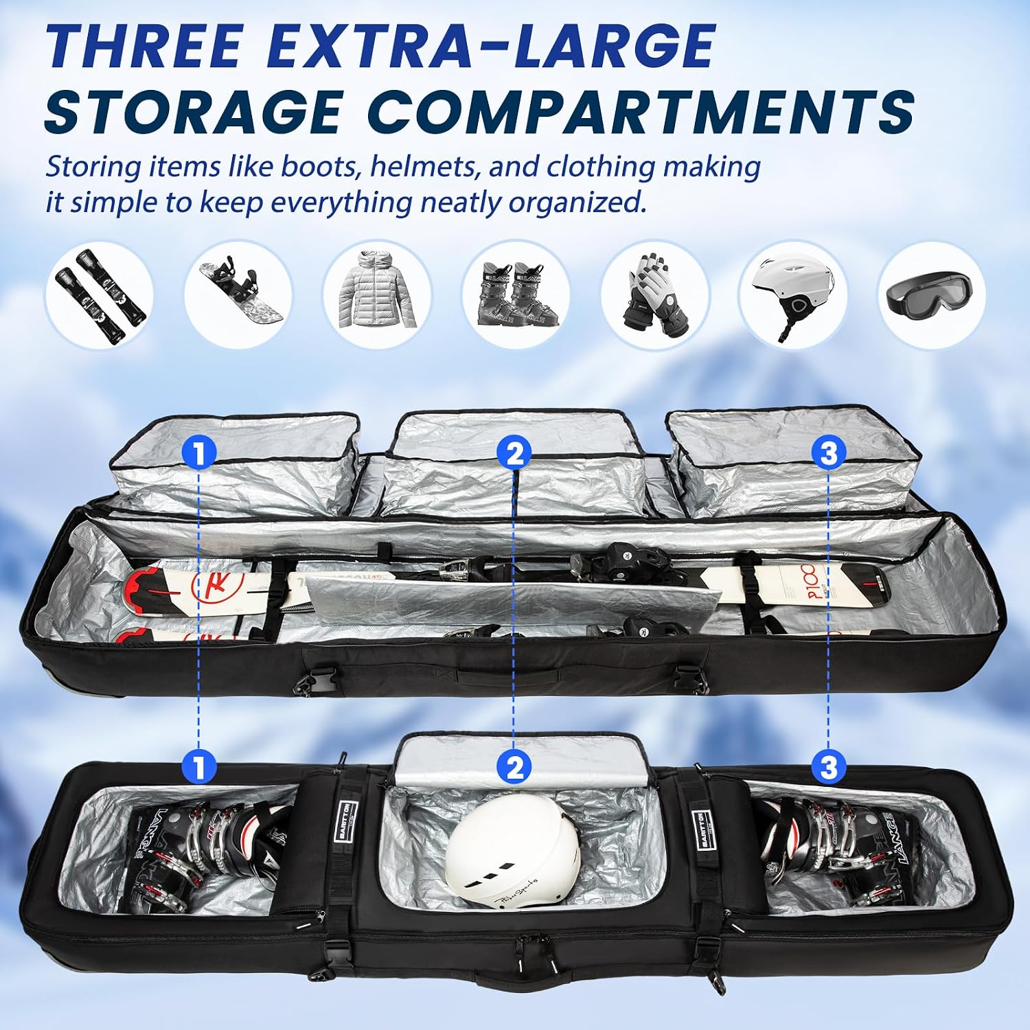 Double Rolling Ski Bag with Wheels, Padded Ski Bag for Air Travel to Hold 2 Pairs of Skis up to 175 or 190 cm.
