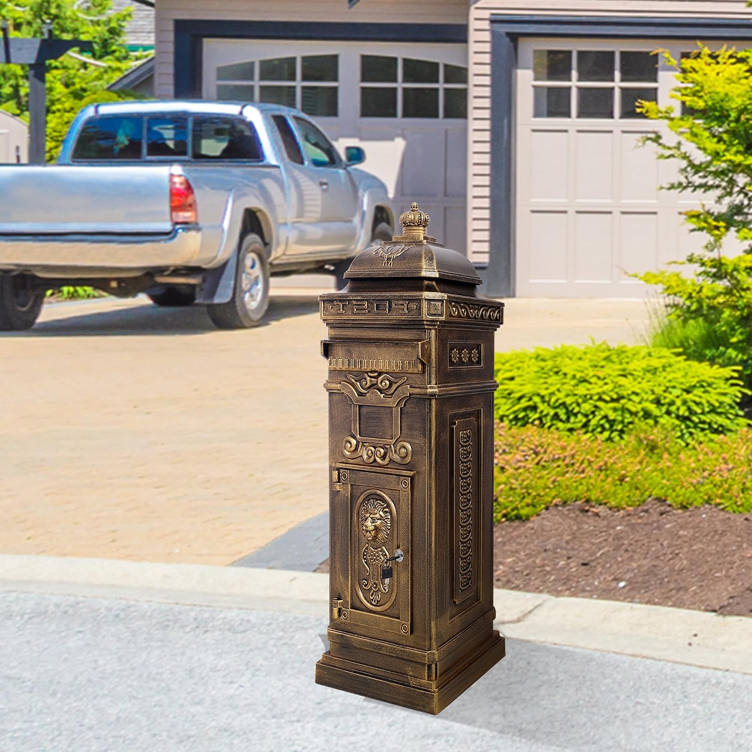 Vintage Large-Capacity Cast Aluminum Mailbox, Outdoor Weatherproof Floor Standing Postbox, Decorative Copper Finish Letter Box with Lock, Roman Column Design for Home Use (Copper)