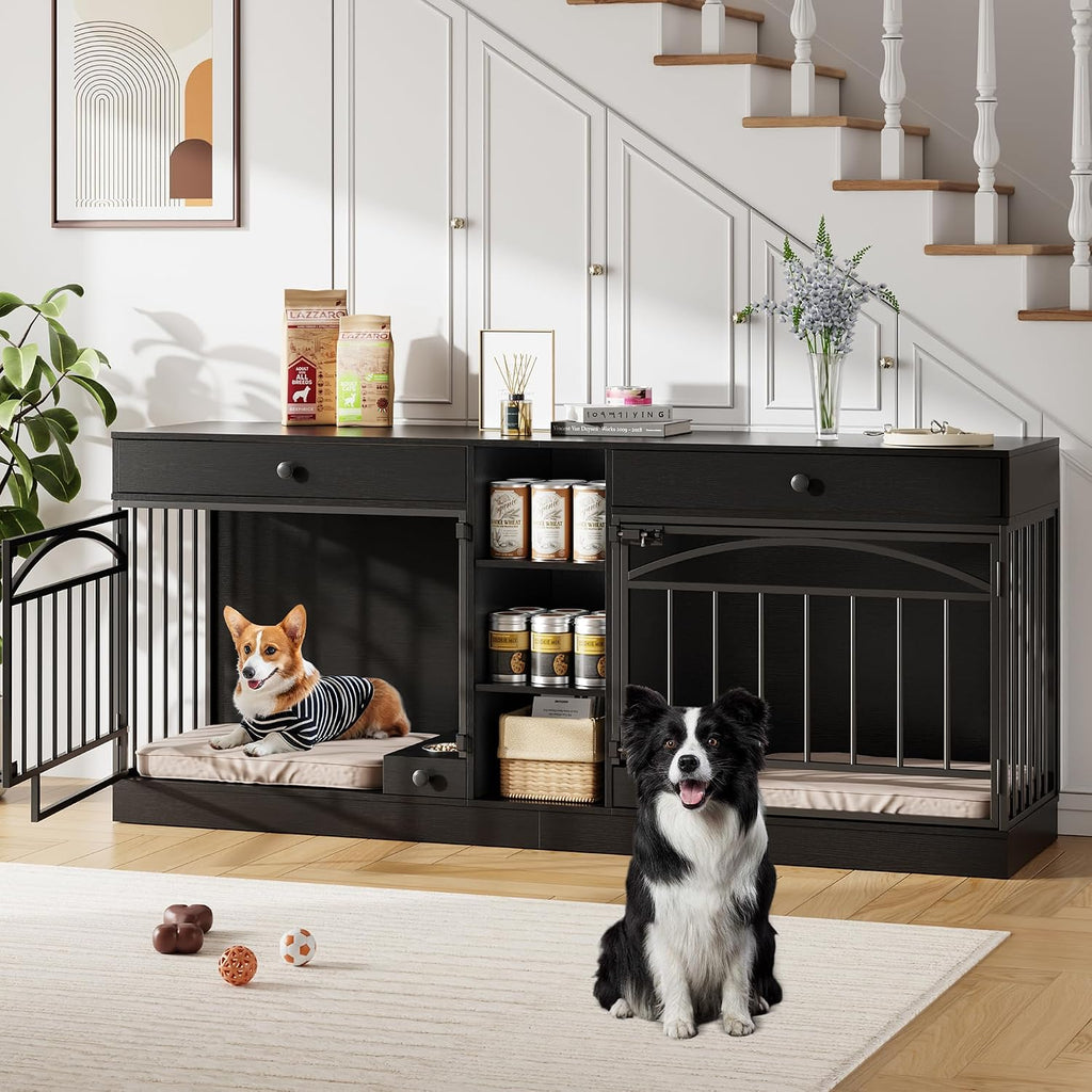 GarveeHome Dog Crate Furniture for 2 Dogs, Dog Kennel Indoor with Storage and Feeding Bowls, Double Dog Crate TV Stand for Small Medium Dogs, Black