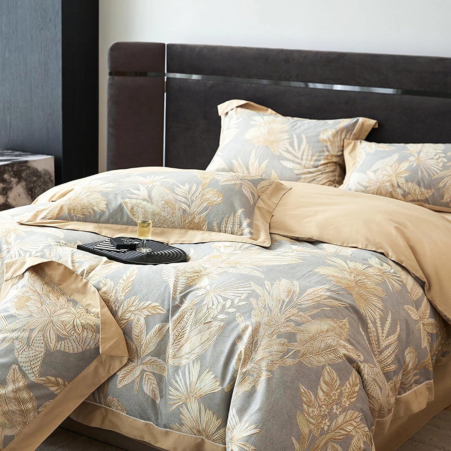 100% Cotton Duvet Cover Queen Size Set, Luxury Reversible Botanical Floral Patterned, Ultra Soft & Breathable Bedding for All Season Comfort, 3 Pieces (90'x90')