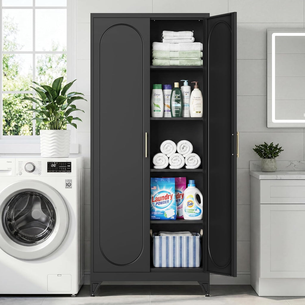 75' Tall Metal Storage Cabinet with 2 Doors and 4 Adjustable Shelves, 32'W x 16'D Heavy Duty Steel Pantry Cabinet for Kitchen, Garage, Home Office and Laundry Room, Cold-Rolled Steel, Black