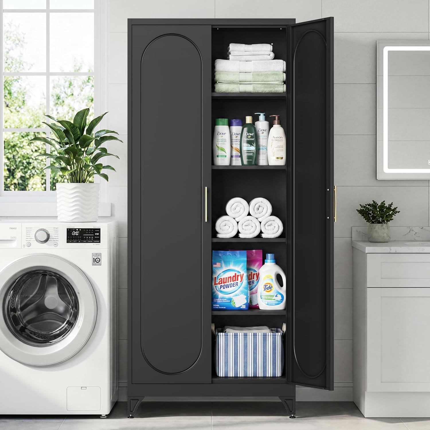 75' Tall Metal Storage Cabinet with 2 Doors and 4 Adjustable Shelves, 32'W x 16'D Heavy Duty Steel Pantry Cabinet for Kitchen, Garage, Home Office and Laundry Room, Cold-Rolled Steel, Black