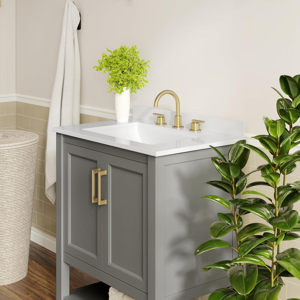 Flash Furniture Vega 30 Inch Bathroom Vanity with Sink Combo, Storage Cabinet with Soft Close Doors and Open Shelf, Carrara Marble Finish Countertop, Gray/White