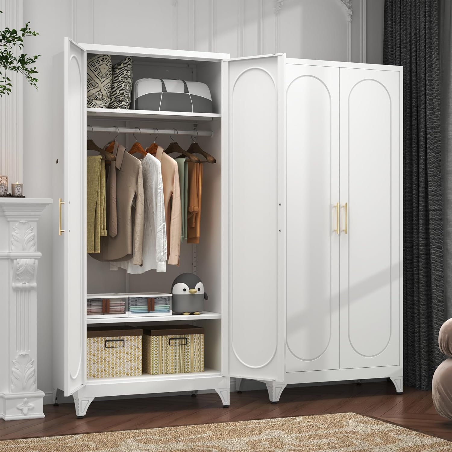 71' White Wardrobe Closet with 2 Doors, Metal Armoire Wardrobe Cabinet with Hanging Rod and Adjustable Shelves, Clothing Storage Cabinets for Bedroom, Laundry Room, Home Office