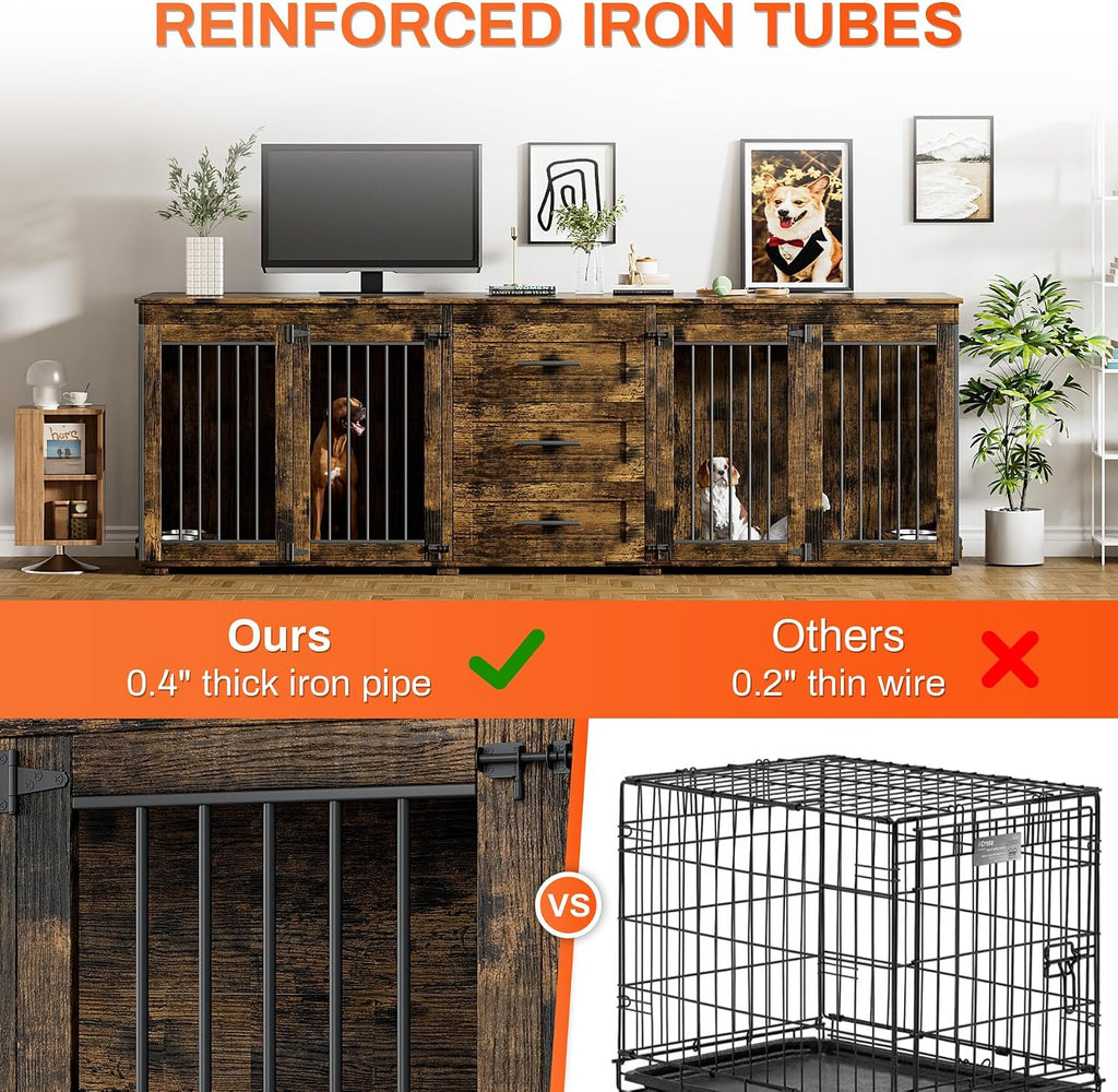 Rophefx 94.5' Dog Crate Furniture for 2 Dogs, Large Dog Kennel Furniture with 3 Storage Drawer, Wooden Dog Cage with 4 Bowls, Indoor Dog House TV Stand with Locks for Large Medium Dog, Rustic Brown