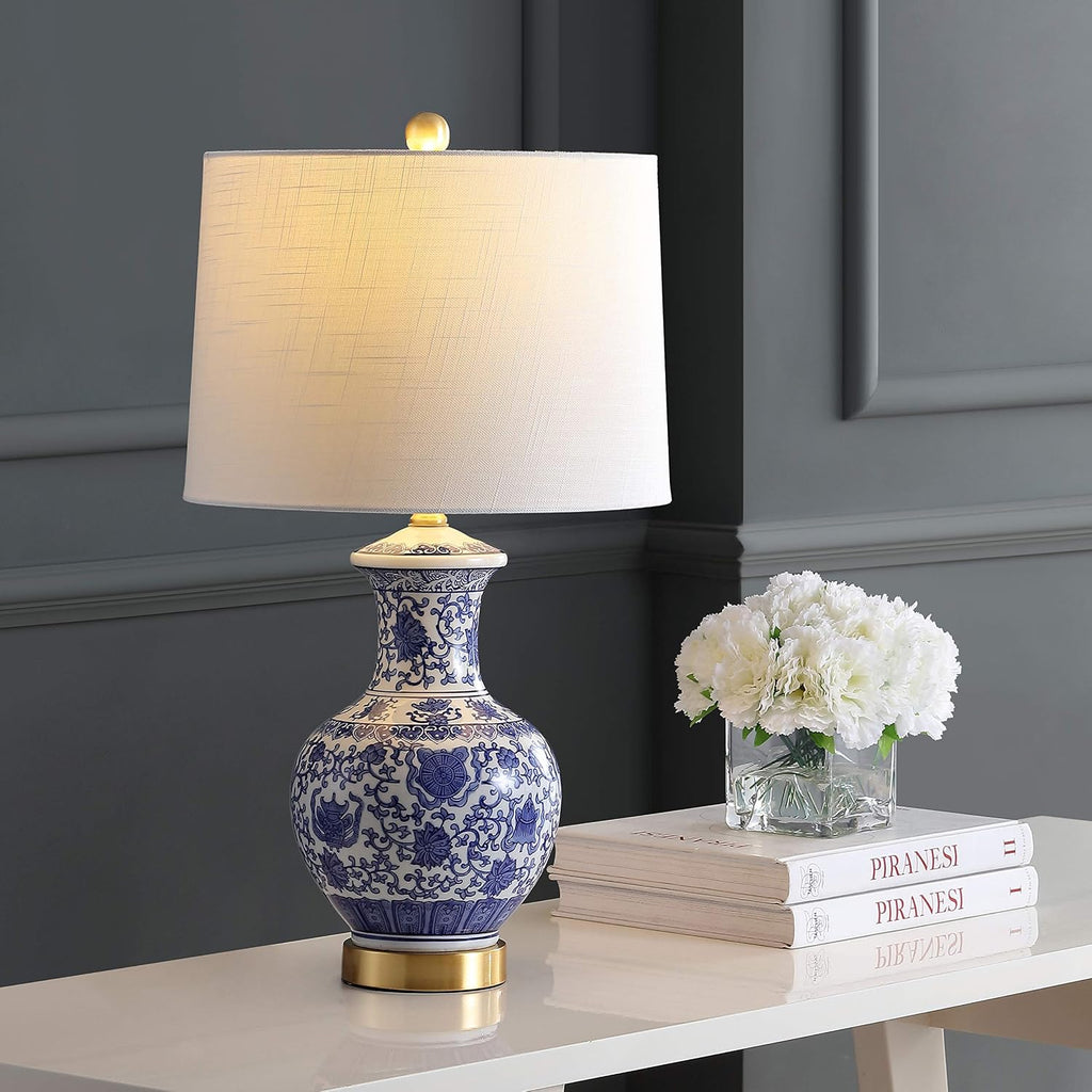 JONATHAN Y 25.25' Blue/White Ceramic Ginger Jar Table Lamp Set of 2, Traditional Brass Gold Base for Living Room Bedroom, White Linen Drum Shade, LED Bulbs Included JYL1072A-SET2