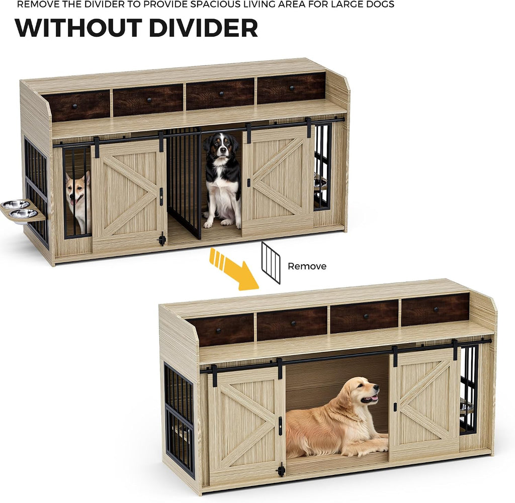 63' Double Dog Crate Furniture – Wooden Dog Kennel Indoor with Sliding Doors, Adjustable Bowls & Storage Drawers – Large Dog Crate TV Stand for 2 Dogs, Beige Wood Grain