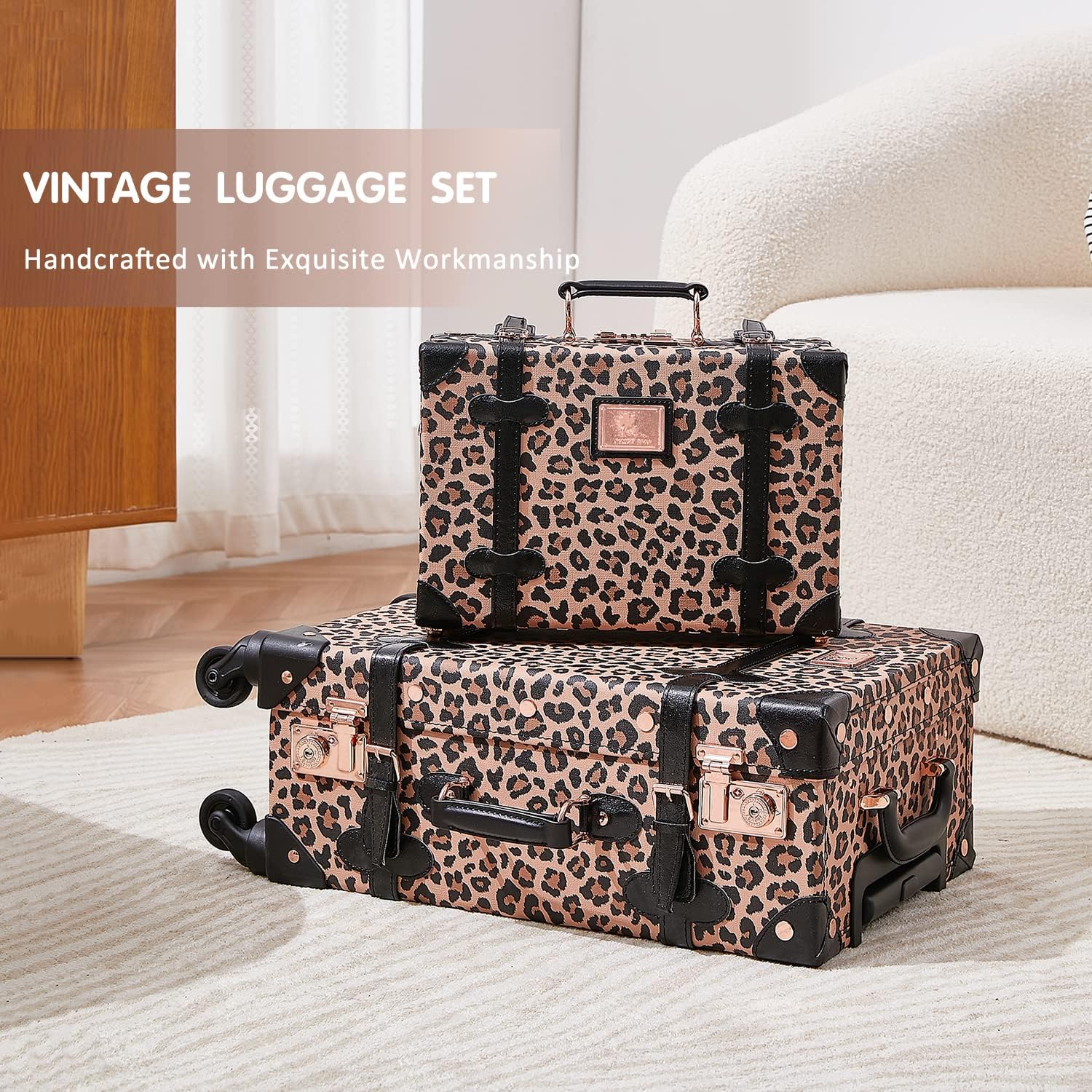 Unitravel 2 Piece Vintage Suitcase Set, 26' Women Cute Travel Luggage with 12' Handbag, Hardside Faux Leather Spinner Trunk with TSA Lock (Leopard)