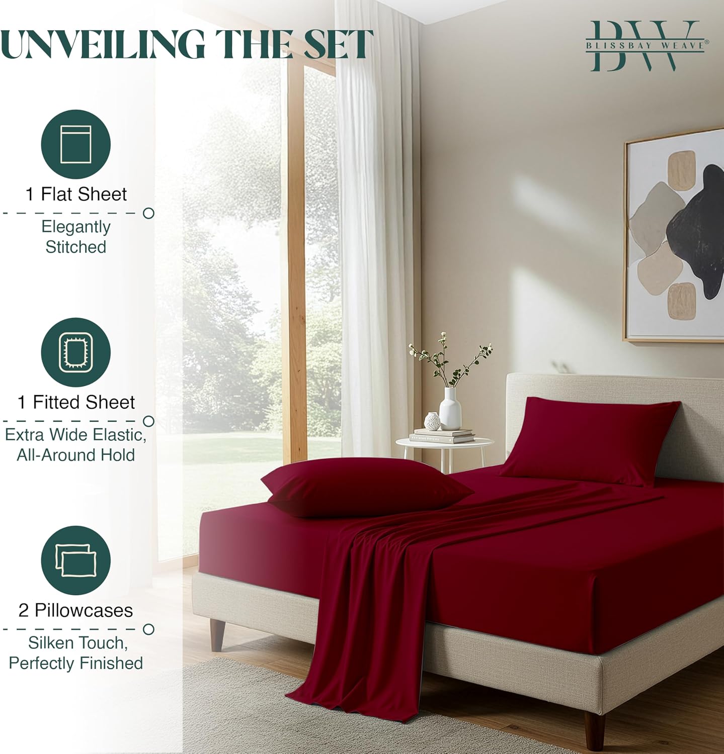 100% Egyptian Cotton Sheet Set Queen Size 4 PCs Sateen Weave Cooling Soft Wrinkle Resistant 18 inches Deep Pocket | 1 Fitted Sheet, 1 Flat Sheet, 2 Pillowcases | Burgundy