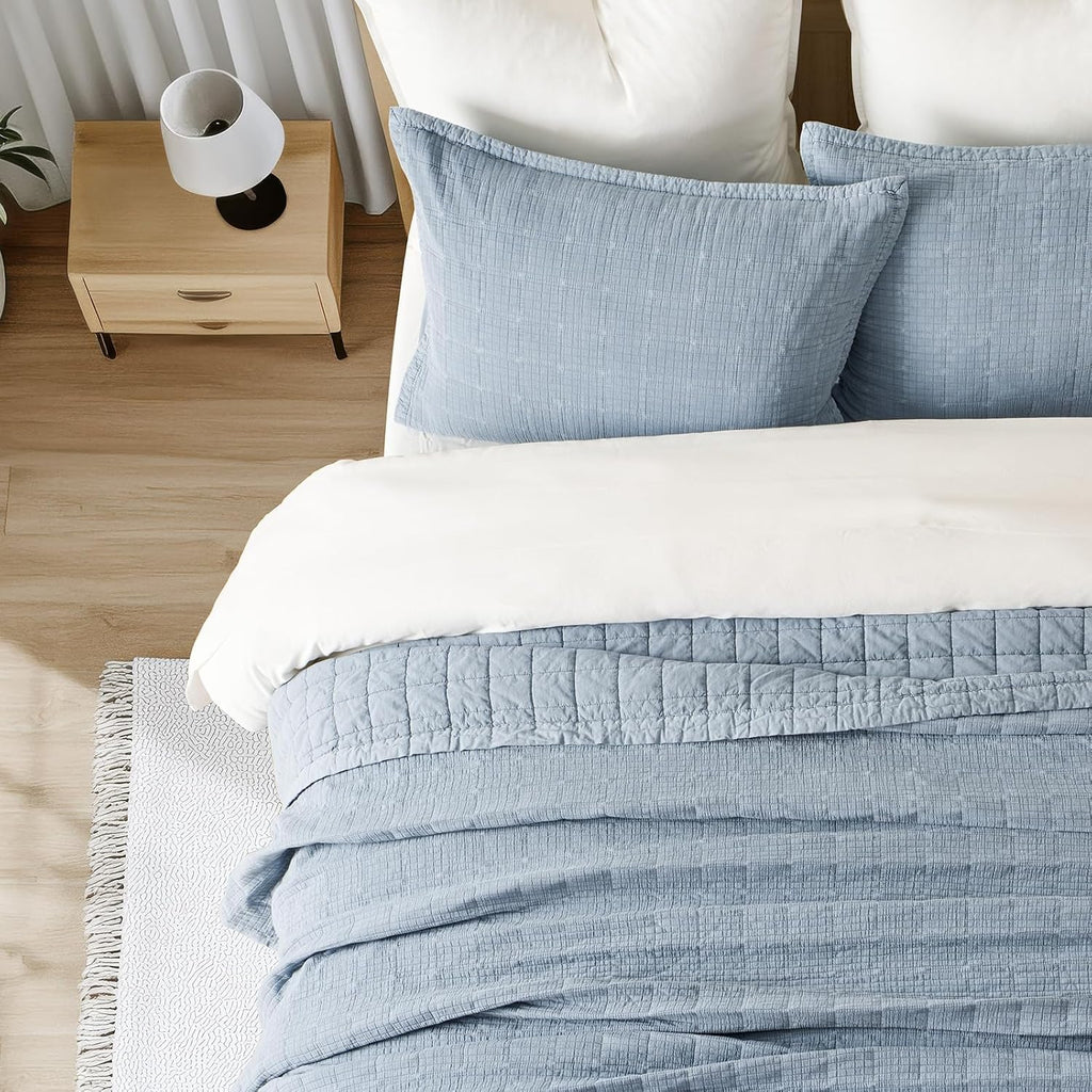 EVERGRACEHOME Stonewashed Cotton Quilt Set Queen Size, Ultra Soft Oversized Bedspread Coverlet Set, Lightweight Crinkle Box Stitch Bedding Sets for All Season, with 2 Matching Shams, Blue Linen