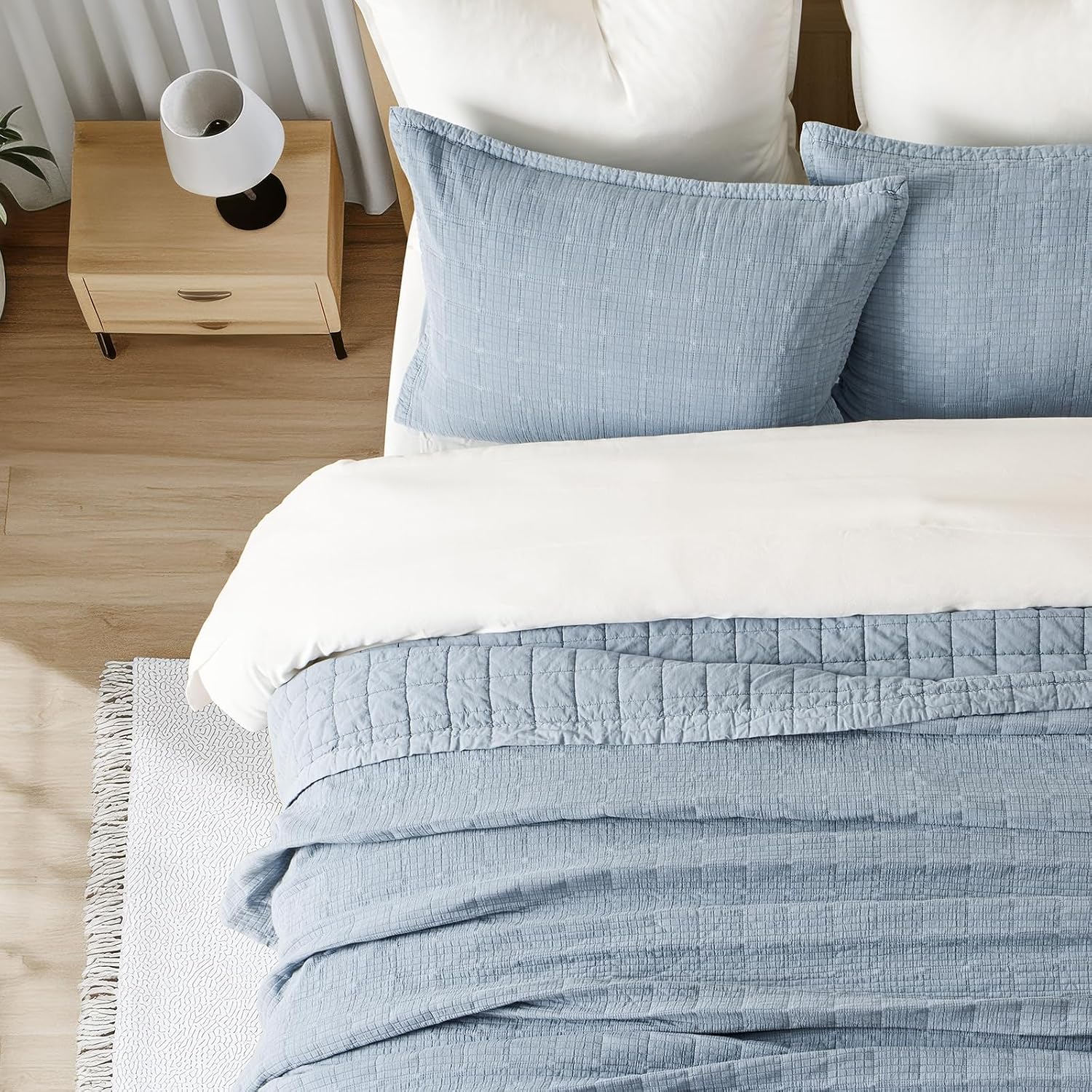 EVERGRACEHOME Stonewashed Cotton Quilt Set Queen Size, Ultra Soft Oversized Bedspread Coverlet Set, Lightweight Crinkle Box Stitch Bedding Sets for All Season, with 2 Matching Shams, Blue Linen