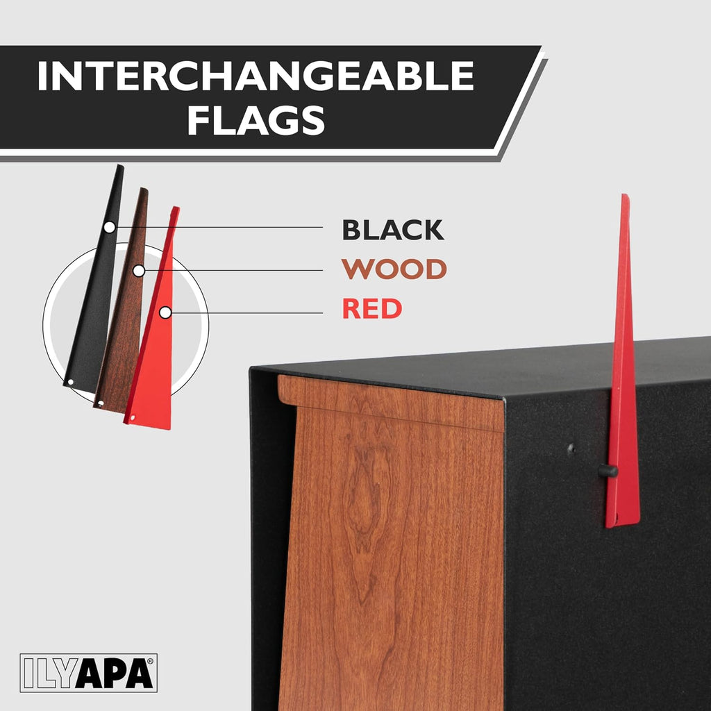 Ilyapa Modern Mailbox for Post Mount - Black Powder Coated Metal Mailbox with Cherry Wood Door - Waterproof for Parcels, Recessed Magnetic Close Door