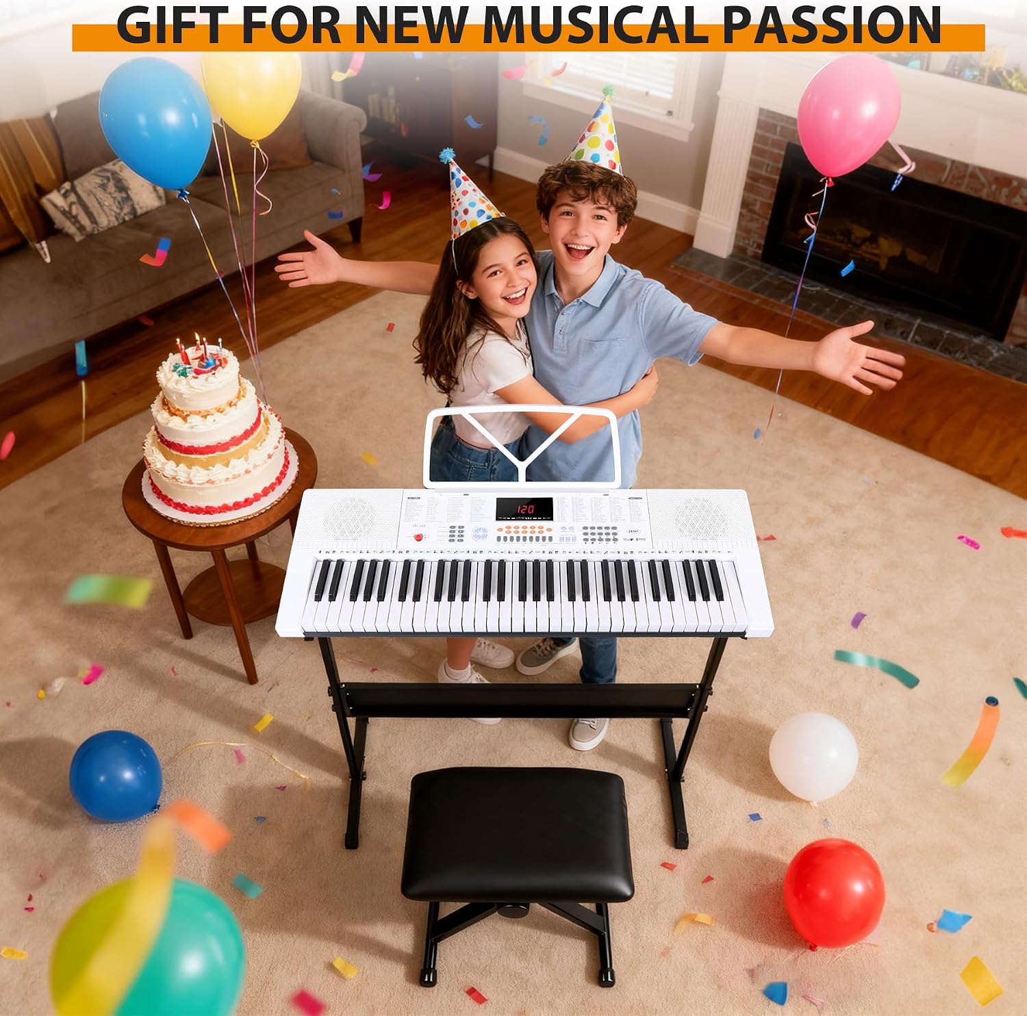 ZENY 61-Key Portable Electric Keyboard Piano with Built In Speakers, LED Screen, Headphones, Microphone, Piano Stand, Music Sheet Stand and Stool (White)