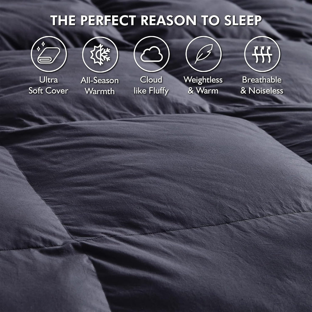 Luxurious Queen Size Goose Down Feather Fiber Comforter Duvet Insert, 100% Egyptian Cotton Cover, 60 oz. Fill Weight Comforter (Queen, Gray Solid)