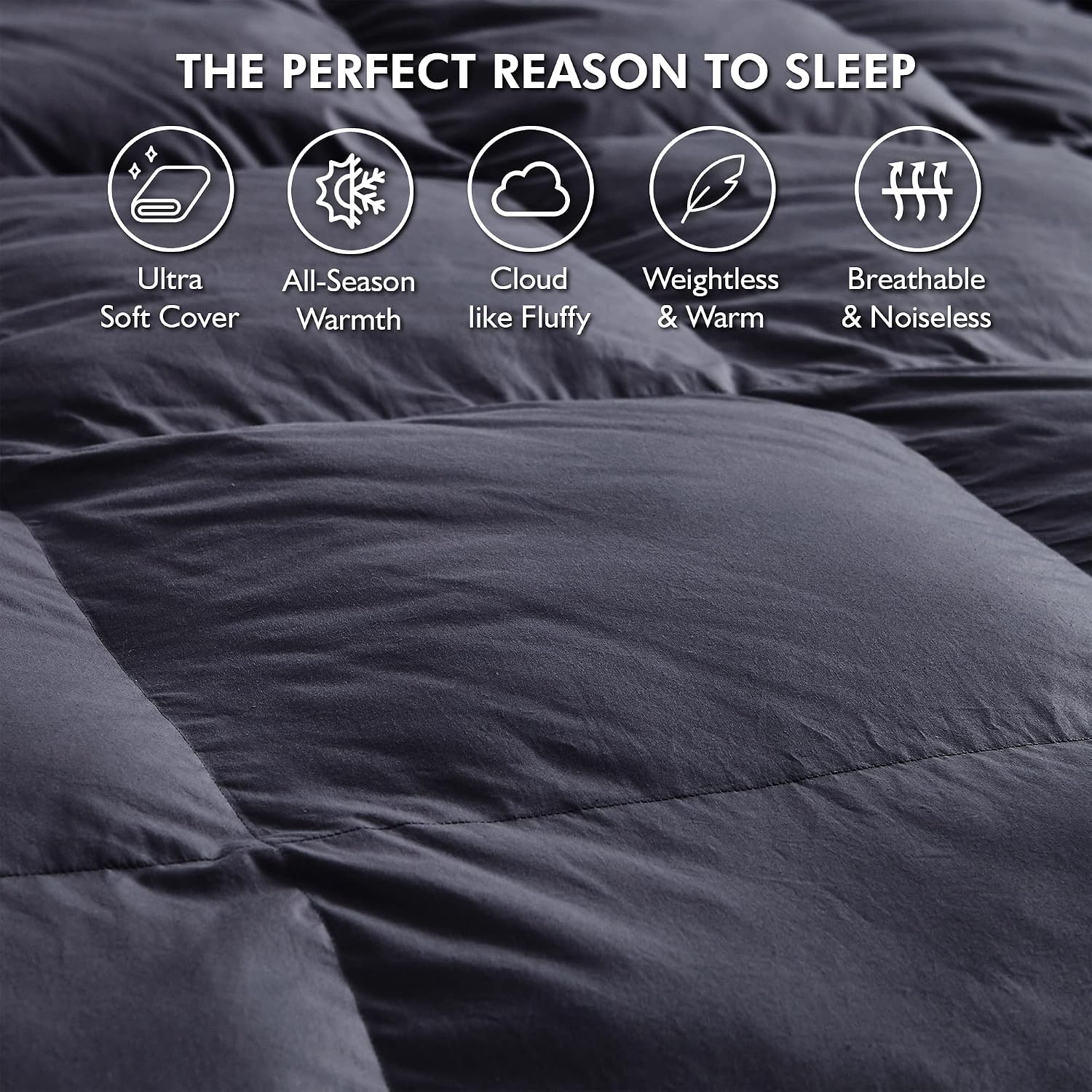 Luxurious Queen Size Goose Down Feather Fiber Comforter Duvet Insert, 100% Egyptian Cotton Cover, 60 oz. Fill Weight Comforter (Queen, Gray Solid)