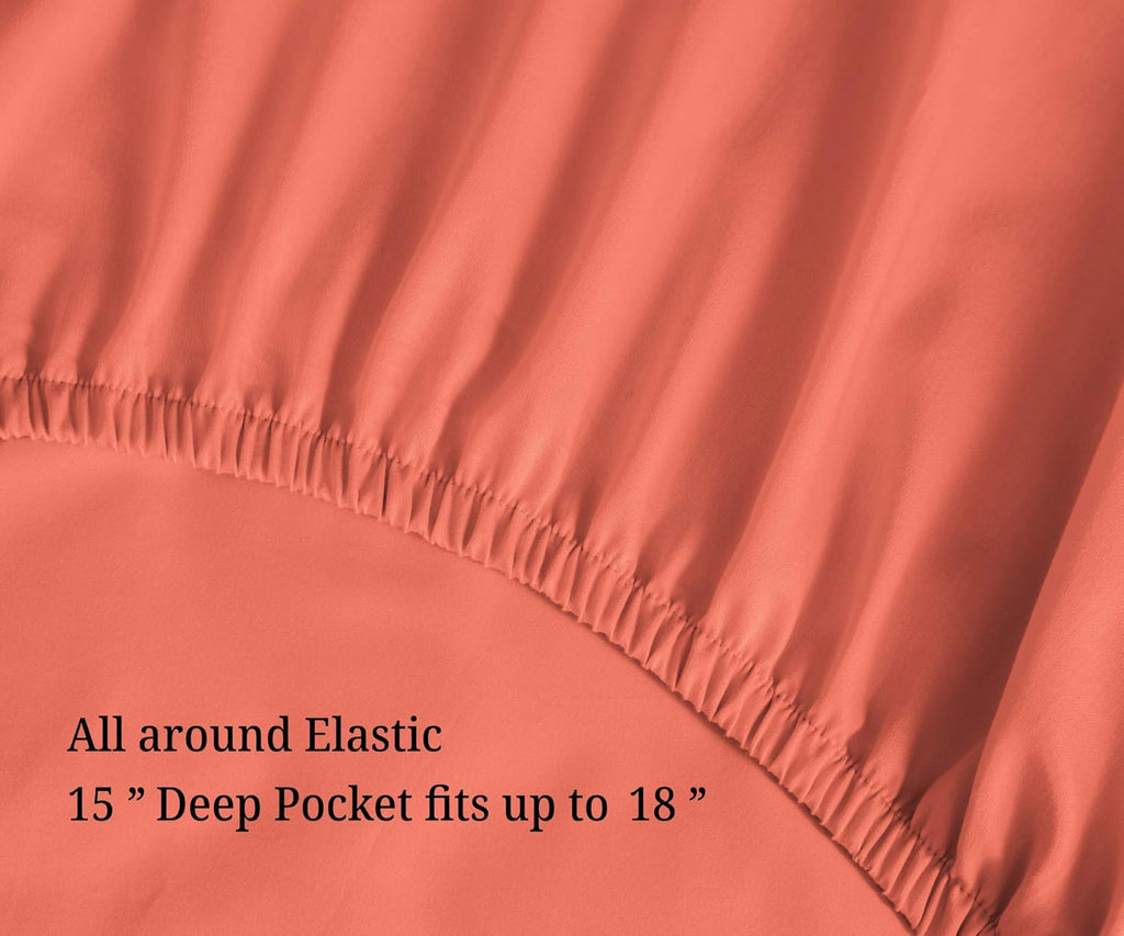 Superior Egyptian Cotton 4 Piece Sheet Set, 700 Thread Count, Eco-Friendly, Sustainable Sheets, Ultra-Soft Basics, Solid, Deep Pocket Fitted Sheet, Flat Sheet, Pillowcases, Coral, Queen