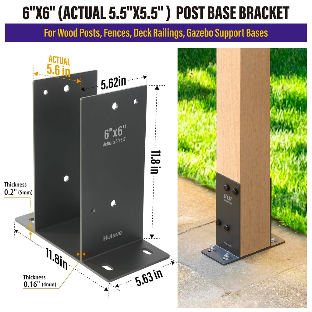 Hulave 2Pack Stainless Steel 6 x 6 (Actual: 5.5' x 5.5') Post Base, Suitable for Terrace Railing, Fence, Gazebo, Porch, etc Concrete Support Anchor Base Post Anchor Bracket (Dark Gray)