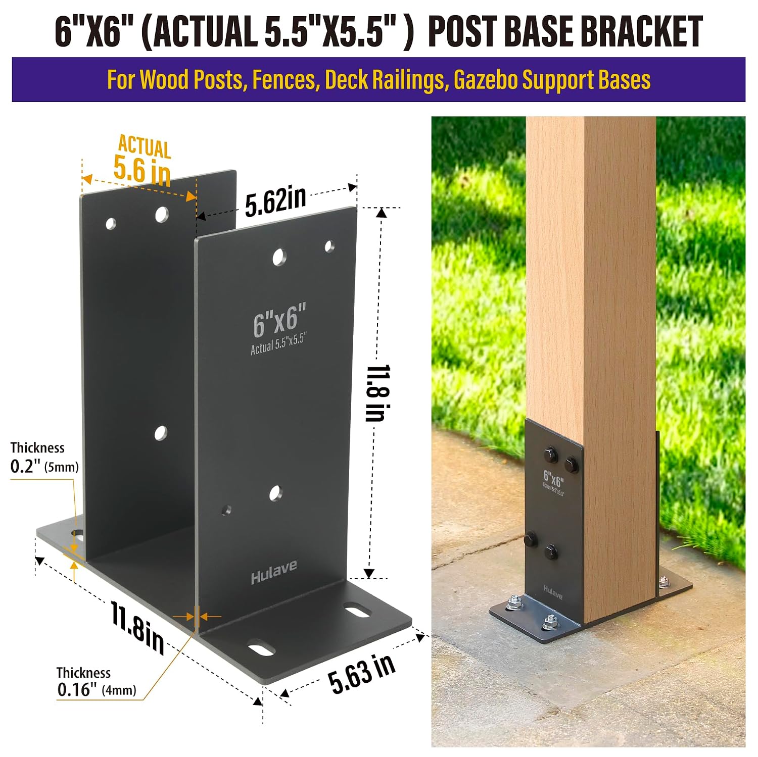 Hulave 2Pack Stainless Steel 6 x 6 (Actual: 5.5' x 5.5') Post Base, Suitable for Terrace Railing, Fence, Gazebo, Porch, etc Concrete Support Anchor Base Post Anchor Bracket (Dark Gray)