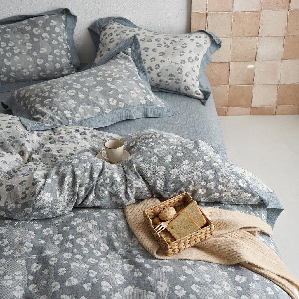 Jacquard Leopard Duvet Cover King Yarn-Dyed Linen Cotton Duvet Cover Vintage Grey Leopard Print Bedding Set Muslin Cotton Jacquard Comforter Cover Leopard Pattern Floral Duvet Cover for Men Women