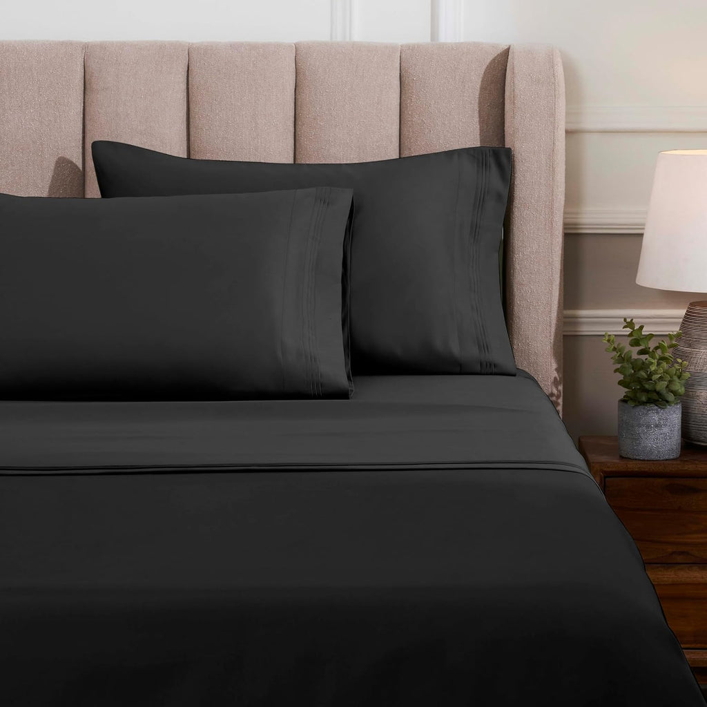 Superior Egyptian Cotton 4 Piece Sheet Set, Luxury 1500 Thread Count, Modern Design, Sustainable Sheets, Ultra-Soft Basics, Solid, Deep Pocket Fitted Sheet, Flat Sheet, Pillowcases, Queen, Black