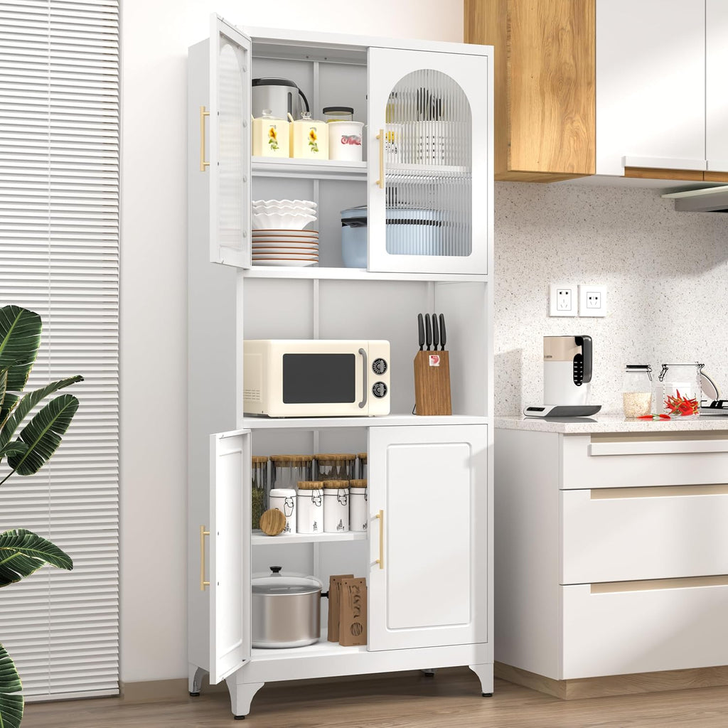 75' Metal Kitchen Pantry Storage Cabinet,Kitchen Hutch Food Pantry Cabinet with Microwave Stand,Freestanding Larder Cupboard with Doors and Adjustable Shelves for Living Room