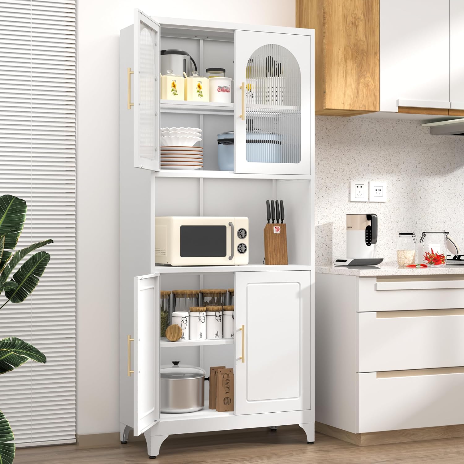 75' Metal Kitchen Pantry Storage Cabinet,Kitchen Hutch Food Pantry Cabinet with Microwave Stand,Freestanding Larder Cupboard with Doors and Adjustable Shelves for Living Room