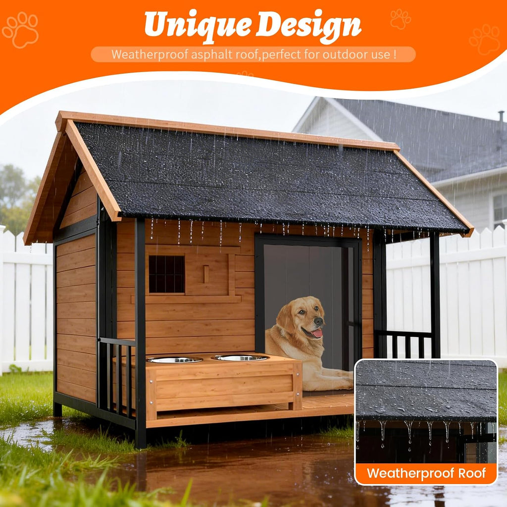 51'' Dog House with Dog Bowls Stand, Large Outdoor Dog House Kennel with Weatherproof Roof, Easy to Install Anti-Bite Design Dog Home for Outside Small Medium Large Dogs(Brown)
