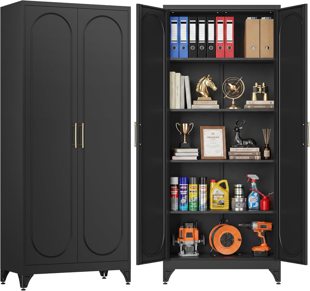 75' Tall Metal Storage Cabinet with 2 Doors and 4 Adjustable Shelves, 32'W x 16'D Heavy Duty Steel Pantry Cabinet for Kitchen, Garage, Home Office and Laundry Room, Cold-Rolled Steel, Black