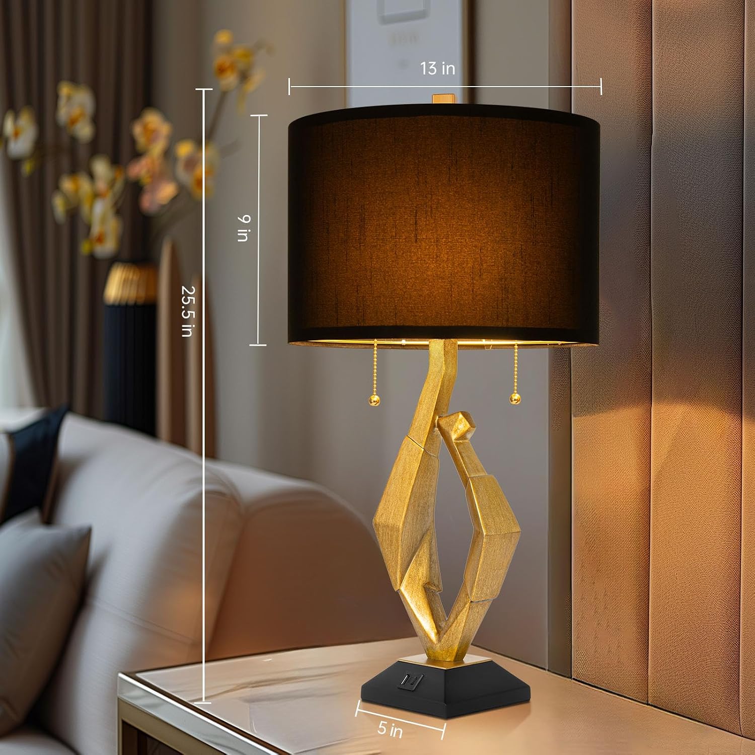 Sculptural Table Lamp Set of 2 with USB Ports For Living Room, Gold Leaf Finish Farmhouse Bedside Lamps with S Cluster Pull Chains Switch for Bedroom, Rustic Nightstand Lamp for Office, Hotel, Bar