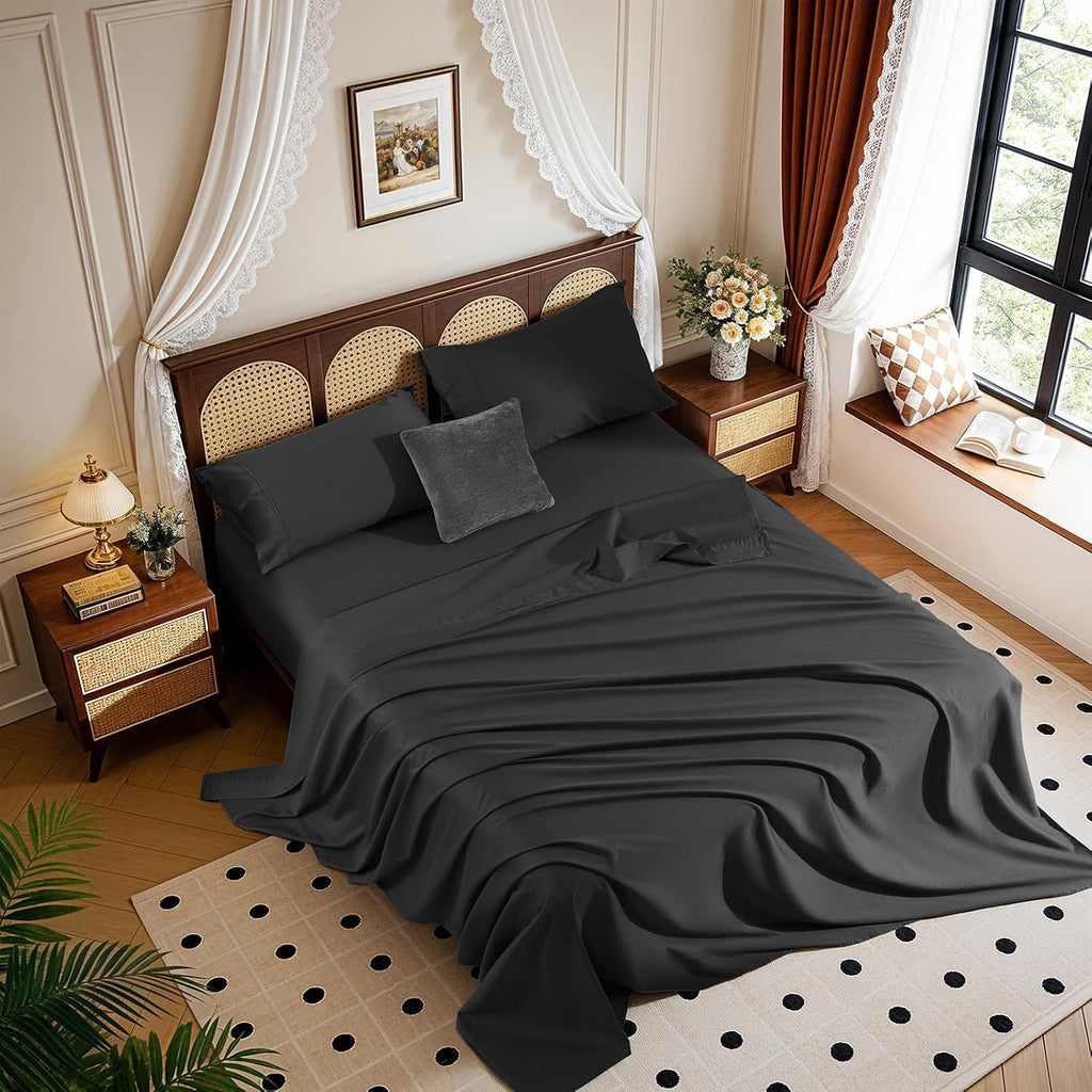 1200 Thread 100% Egyptian Cotton Sheet Sets Full Size 4 Pcs Bedding Set, Fitted Sheet Deep Pocket Up to 16' Soft Bed Sheet for All Season (Full, Black)