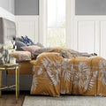 Eikei Midnight Blue Botanical Print Duvet Quilt Cover Egyptian Cotton Bedding Set Modern Luxury Minimal Palm Leaf Dark Charcoal Navy Ocher Floral Watercolor Design (Mustard Yellow, King)