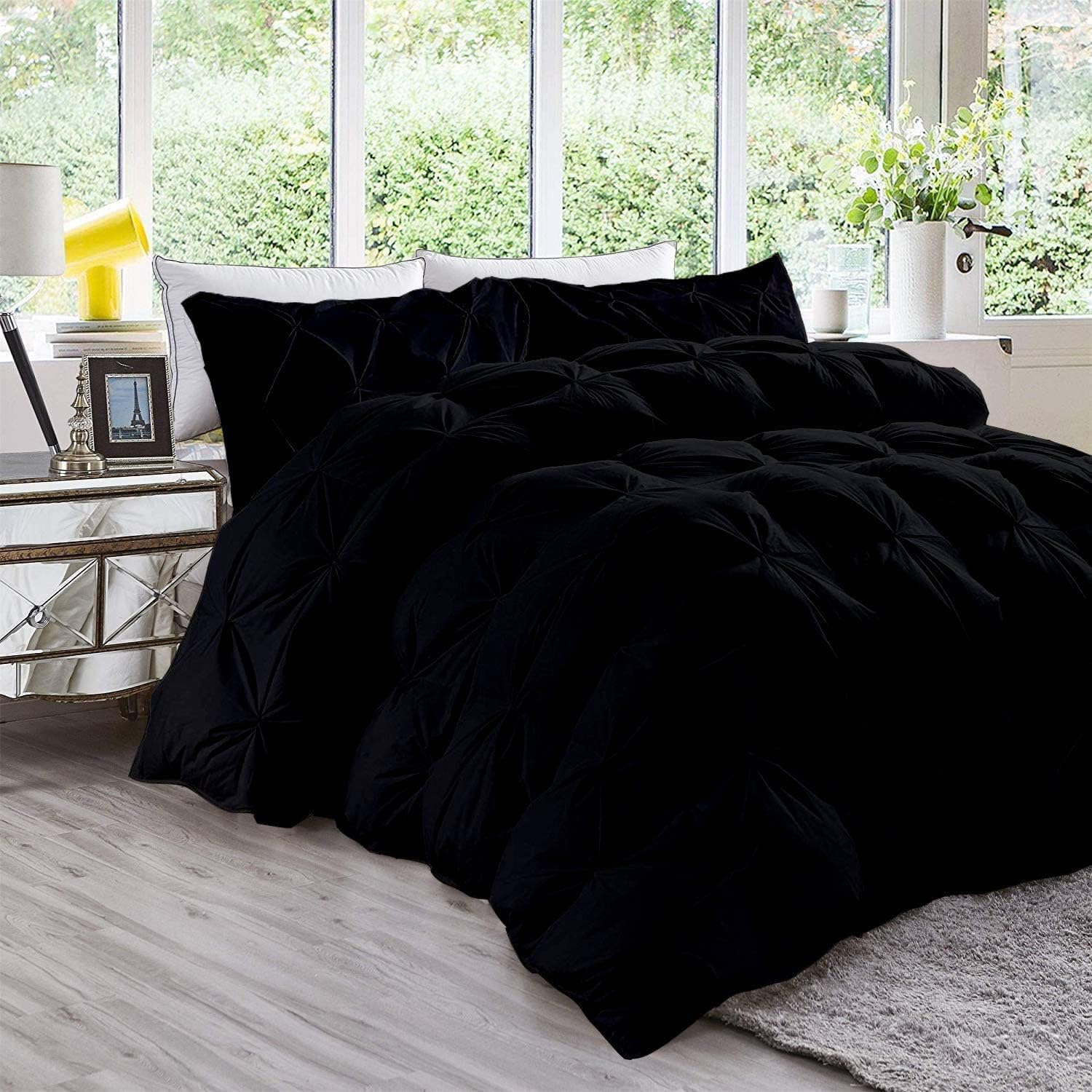 Pinch Pleated Soft 400 GSM All Season Black 5 Piece Emperor King Size Comforter Set (Comforter + 4 Pillowcases) 600 Series Egyptian Cotton Comforter Bedding Set