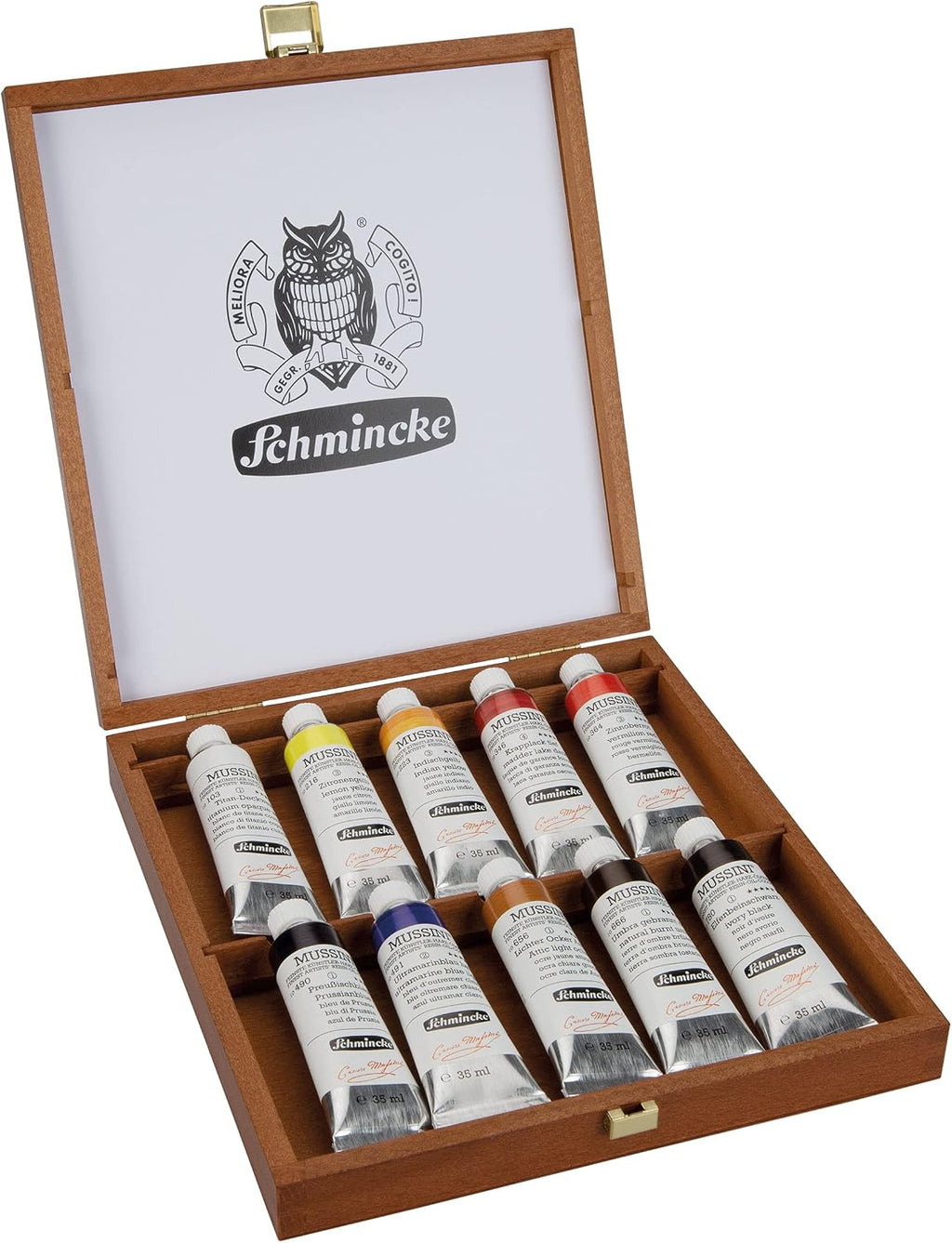 Schmincke - MUSSINI® finest resin oil colors, 10 x 35 ml set, 70 010 097, wooden box walnut-tinted, resin oil color based on recipes of old masters
