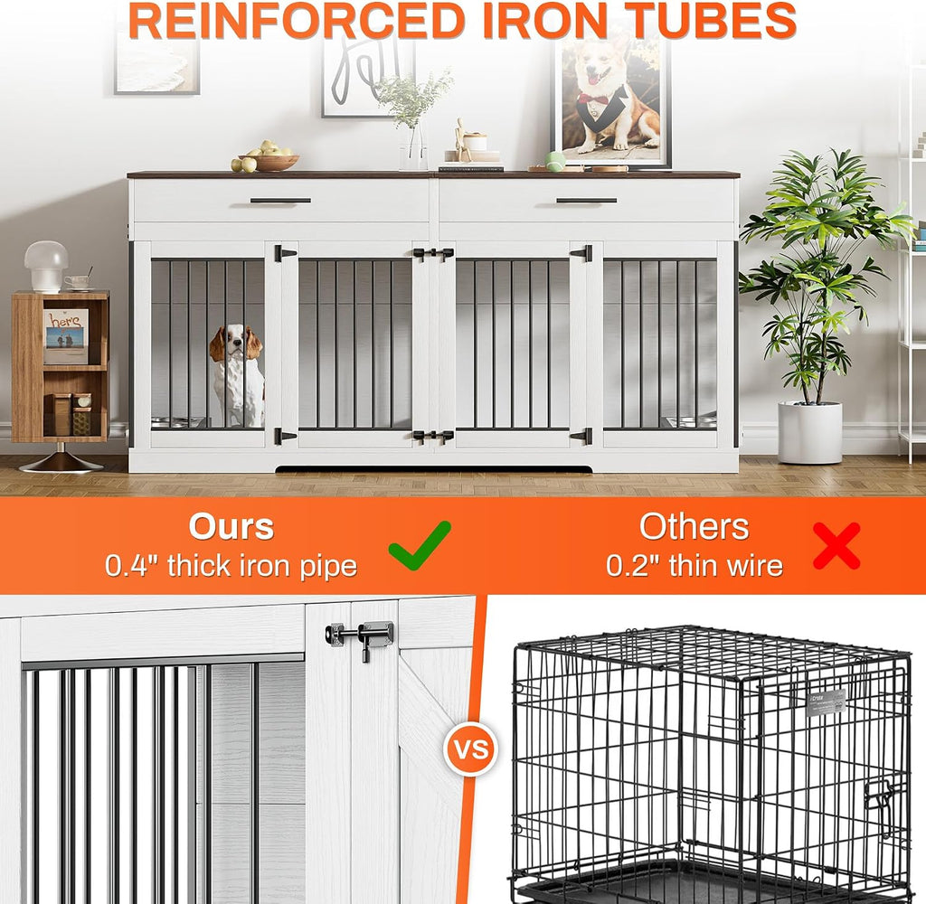 Rophefx 72' Dog Crate Furniture for 2 Dogs, Large Dog Kennel Furniture with 2 Storage Drawer and Removable Divider, Wooden Dog Cage with 4 Bowls, Indoor Dog House TV Stand for Medium Dog, White
