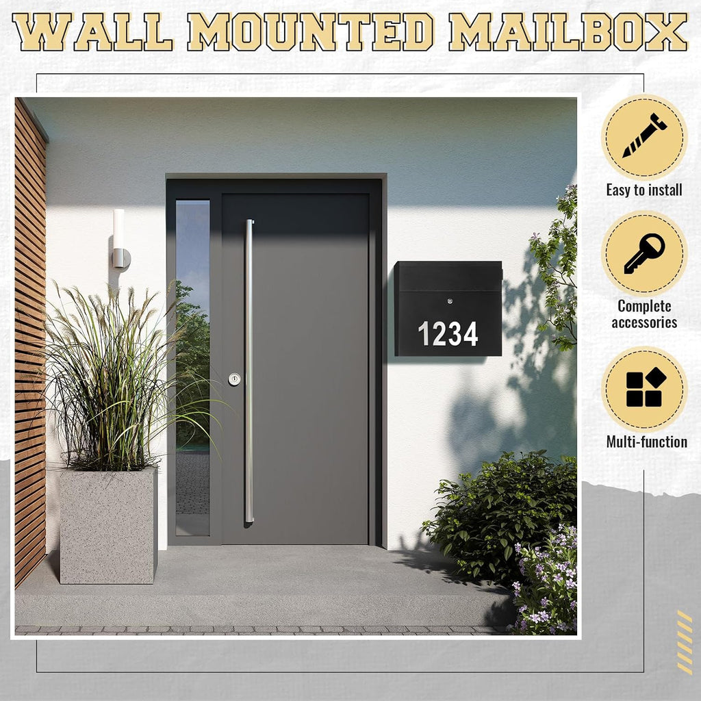Yaocom Extra Large Wall Mount Mailboxes for Outside 18 x 16.5 x 7 Inches Locking Security Mail Box Galvanized Steel Wall Mailbox Large Capacity Post Box with Key Lock and Reflective Stickers(Black)