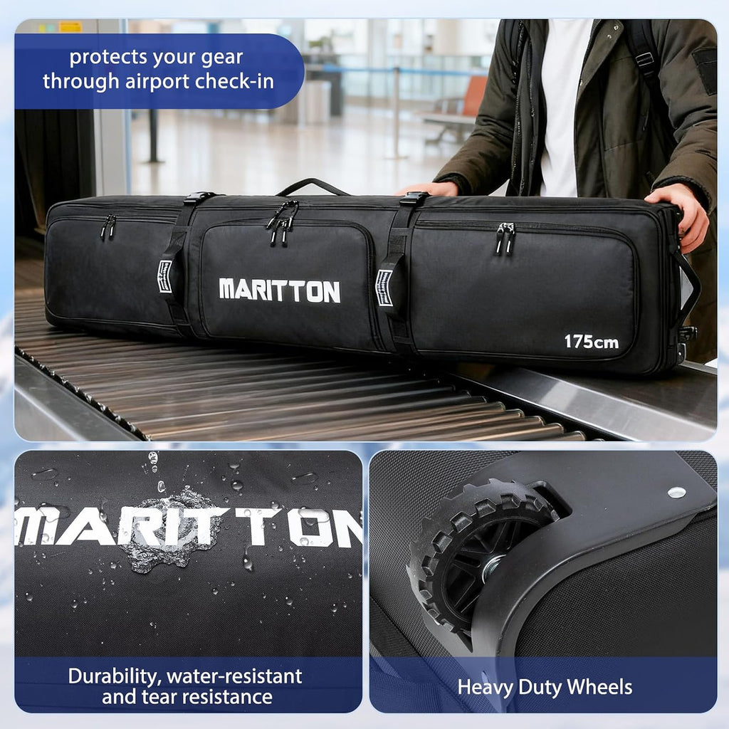 Double Rolling Ski Bag with Wheels, Padded Ski Bag for Air Travel to Hold 2 Pairs of Skis up to 175 or 190 cm.