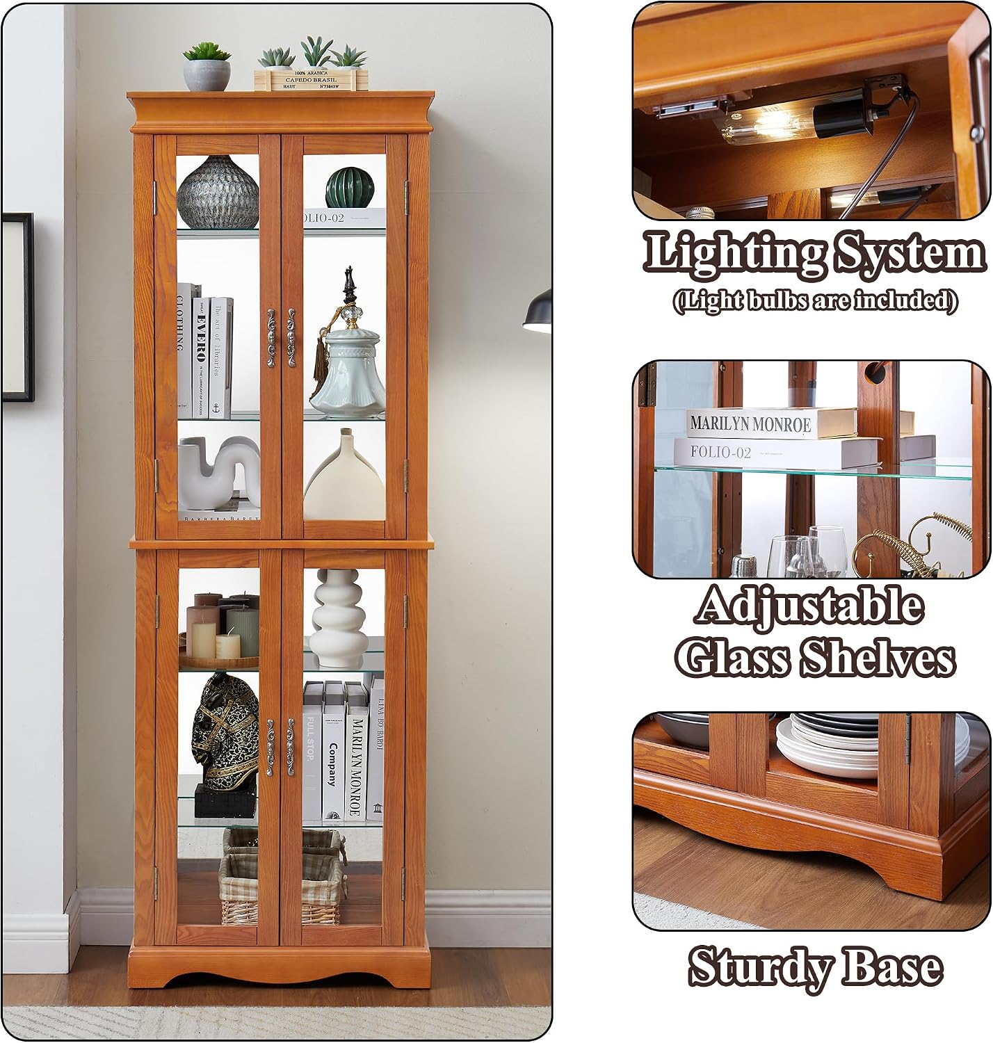 70' H Lighted Curio Cabinet Display Case, Glass Curio Cabinets with Adjustable Shelves and Tempered Glass Door, Wooden Cabinet w/Mirrored Back Pane for Living Room (Oak)