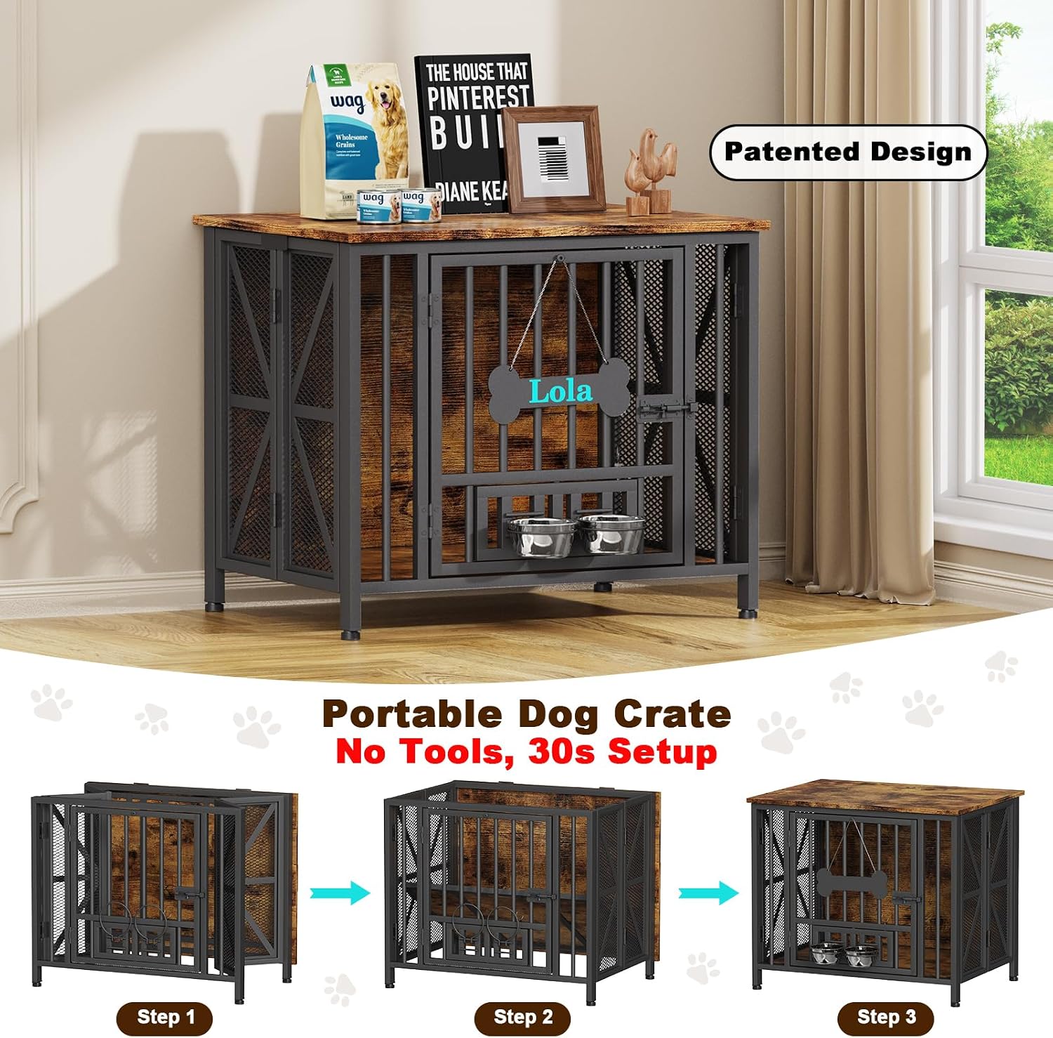Easycom Dog Crate Furniture, 31.5' Assembly-Free Dog Crates for Small & Medium Dogs, Foldable Dog Kennel Indoor with Tag & Adjustable Dog Bowls, Wooden Dog Cage Use as End Table, Rustic Brown
