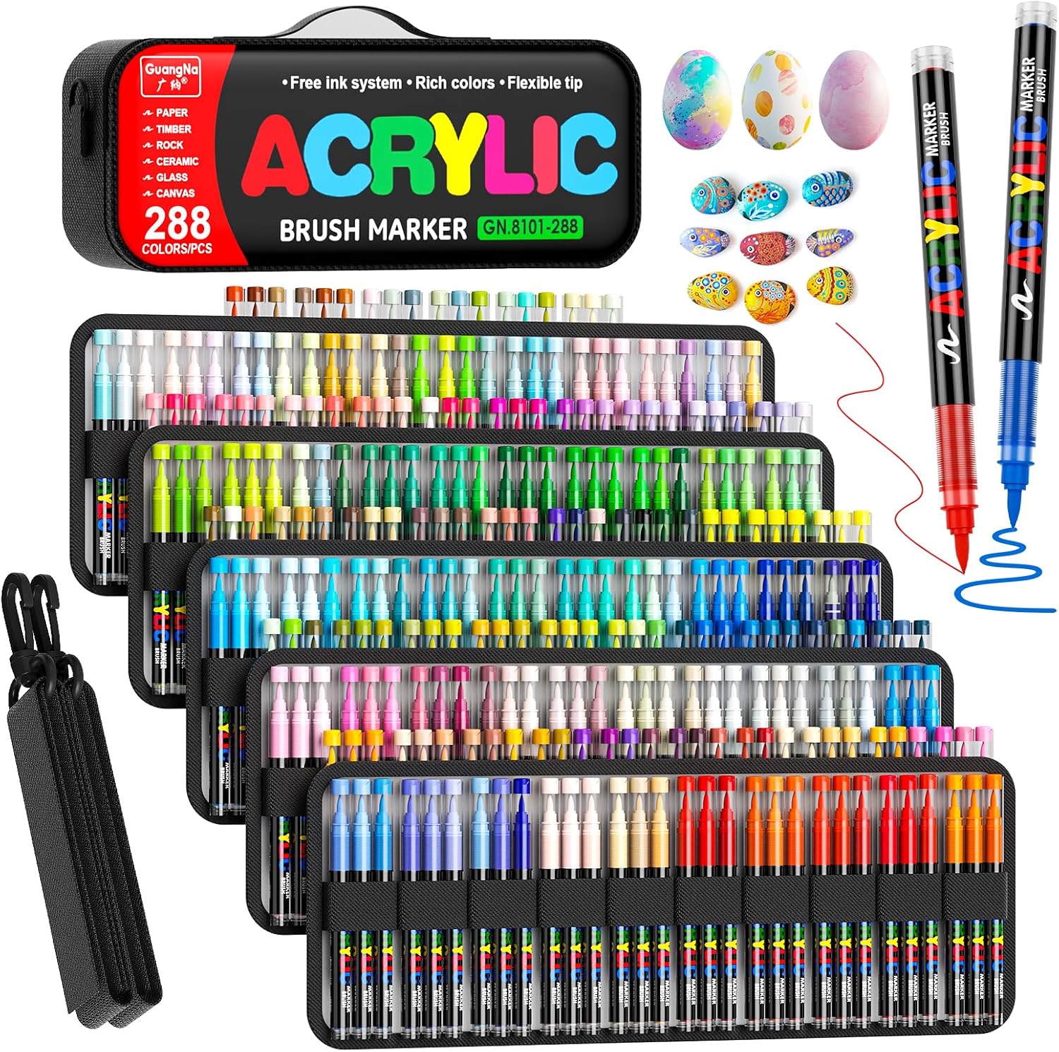 Sanyetral 288 Colors Acrylic Paint Markers with Carrying Bag and Shoulder Strap, Soft Brush Tip Paint Pens for Wood, Stone, Canvas, Glass, Fabric, Egg, Rock Painting
