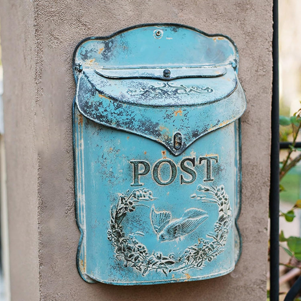MELPHI Vintage Wall Mailbox, Metal Mailbox Large Capacity, Vintage Post Box with Cover, Wall Mount Mail Box for Garden, Outside, Coffee, Shop, Rustic Farmhouse (Color : Blue)