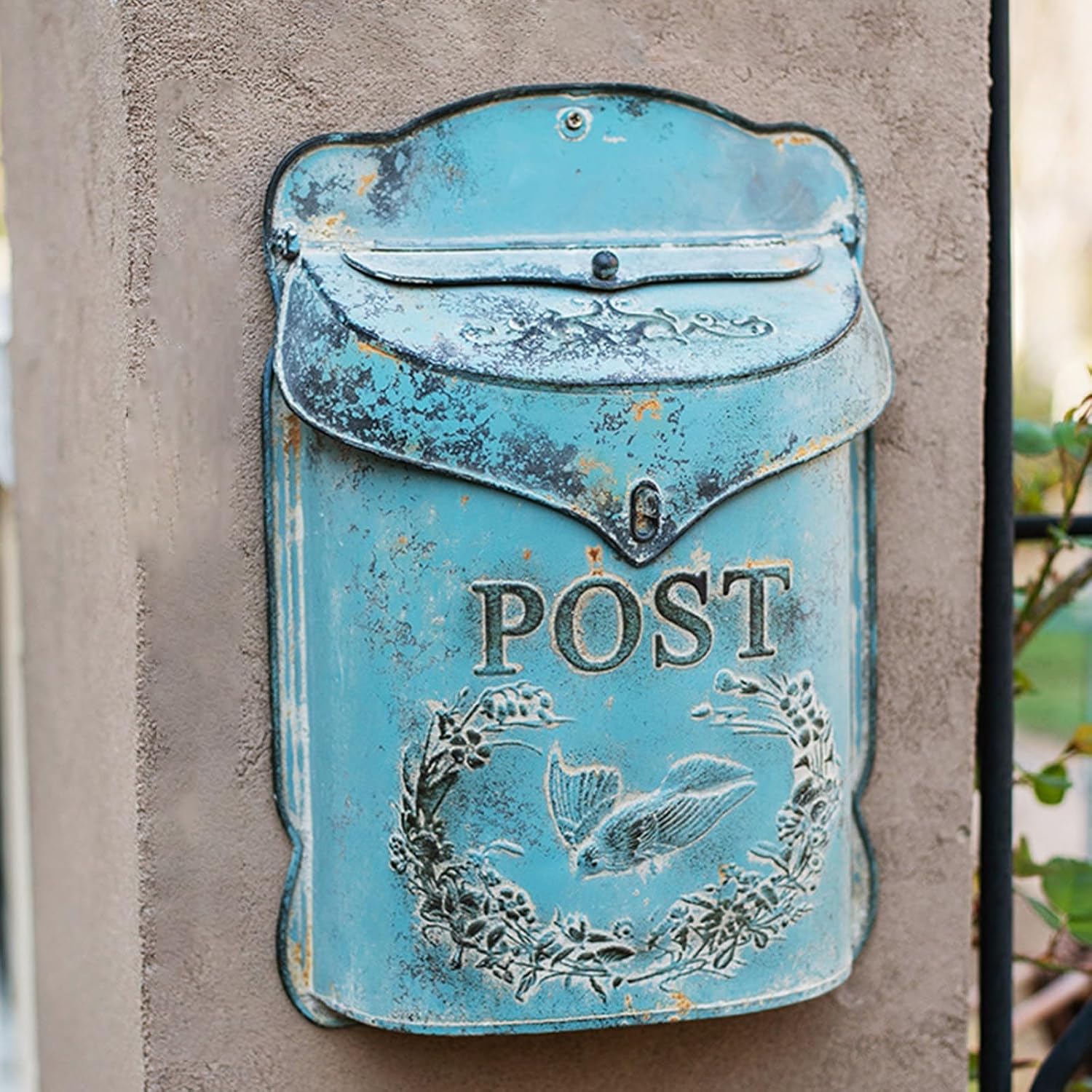 MELPHI Vintage Wall Mailbox, Metal Mailbox Large Capacity, Vintage Post Box with Cover, Wall Mount Mail Box for Garden, Outside, Coffee, Shop, Rustic Farmhouse (Color : Blue)