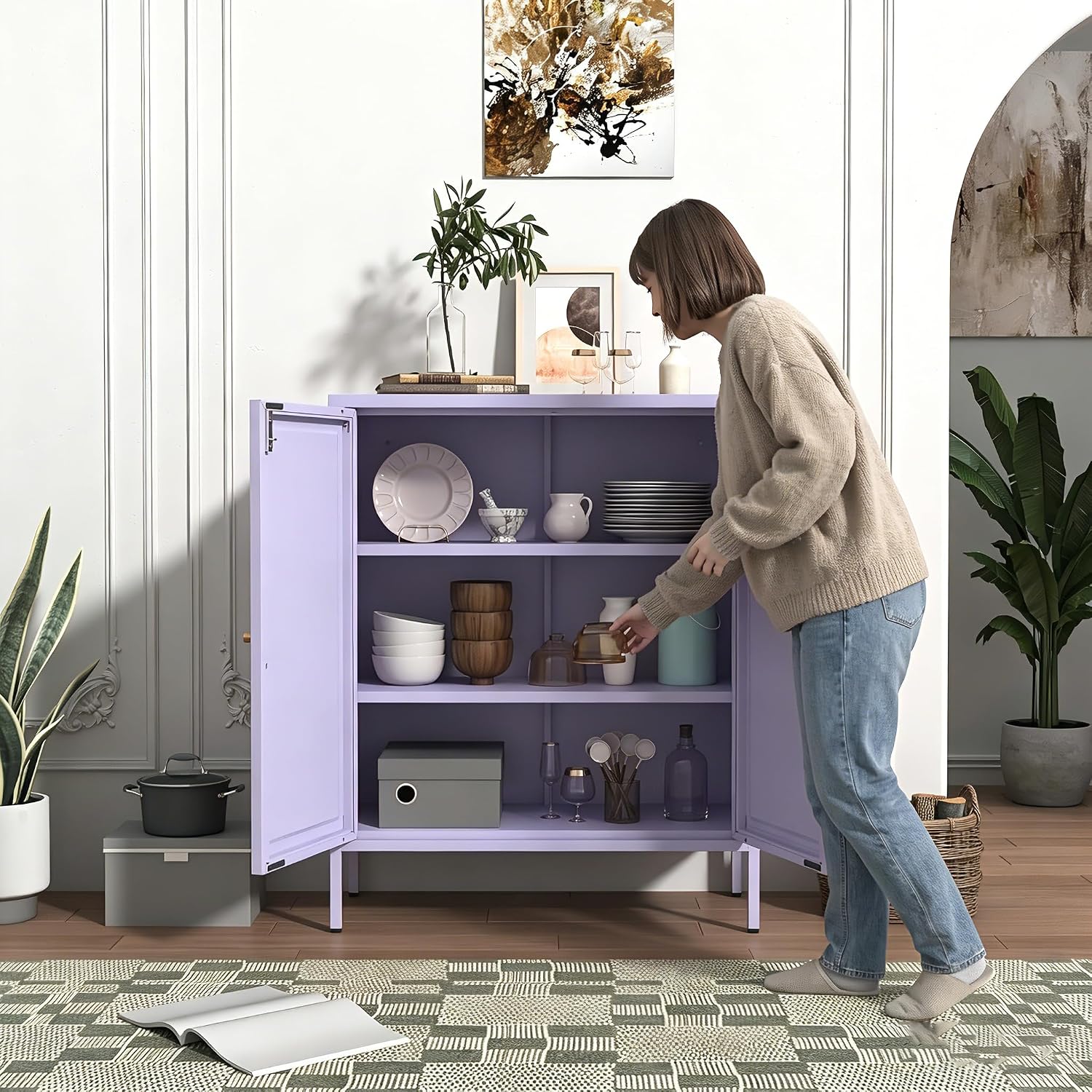 Lockable Metal Storage Cabinet Double Door Metal Cabinet Home Decor Cabinet with Adjustable Shelves Coffee Bar Cabinet Suitable for Living Room and Dining room Purple 13.8' D x 31.5' W x 36' H