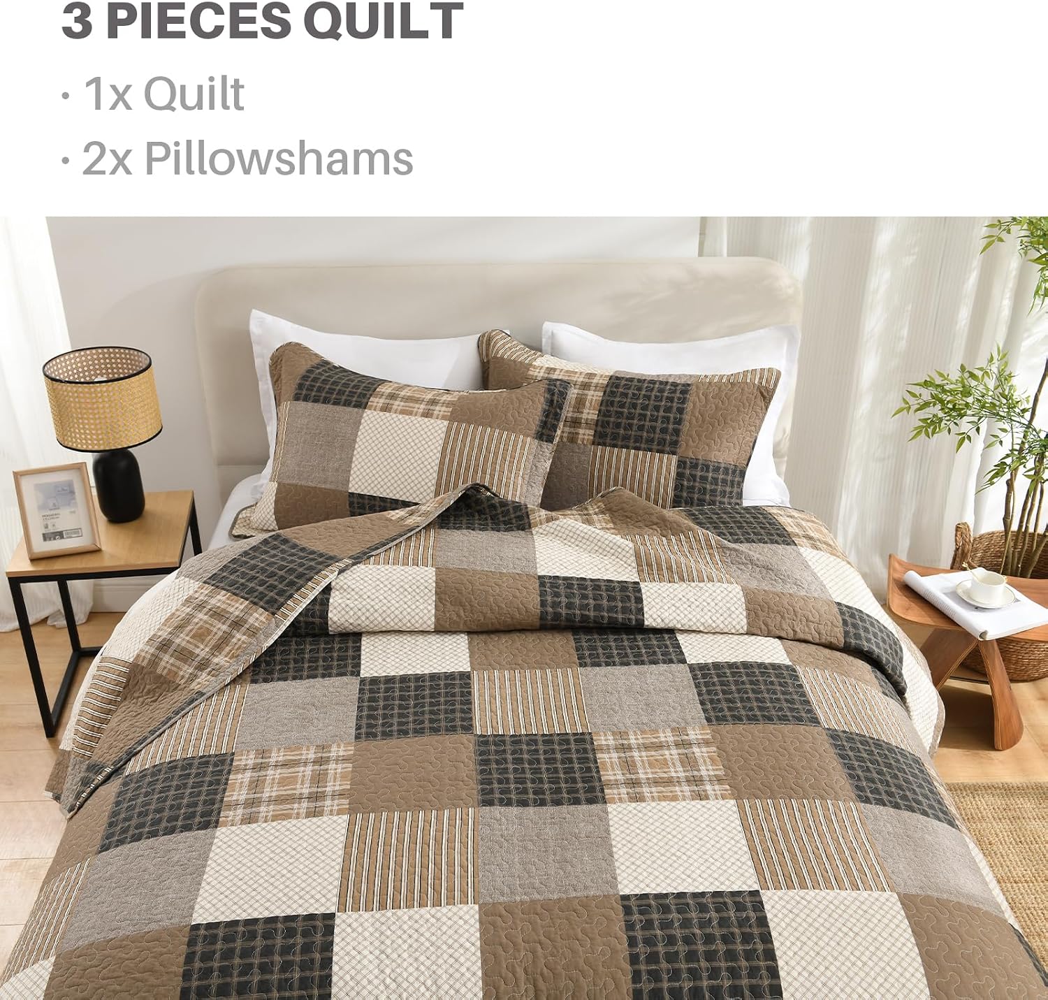 PANGUSHAN 100% Cotton Quilt Set Queen Size, Farmhouse Plaid Lightweight Comforter Rustic Bedding Set Quilted Bedspread, Charcoal/Beige/Brown for Queen Bed, 3 Pieces