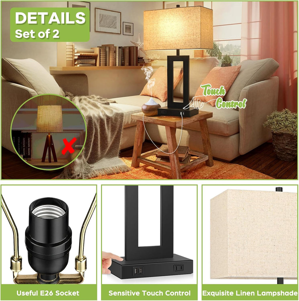 TOBUSA 28'' Tall Lamps for Living Rooms Set of 2, Modern Black Touch Control Table Lamps for Bedroom, 3 Way Dimmable Bedside Lamps with 2 USB Ports&AC Outlet, High-end Decor Lamp for Home Office