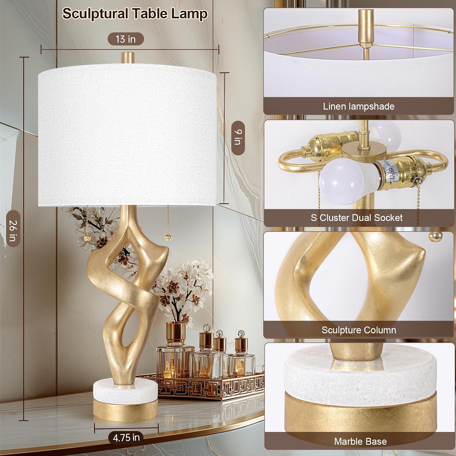 Scenekoy Sculptural Table Lamp Set of 2 with USB Ports for Bedroom Living Room, 26' Gold Leaf Marble Base Bedside Lamps, Pull Chains Switch Modern Nightstand Lamp for Home Room Decor (Bulbs Included)