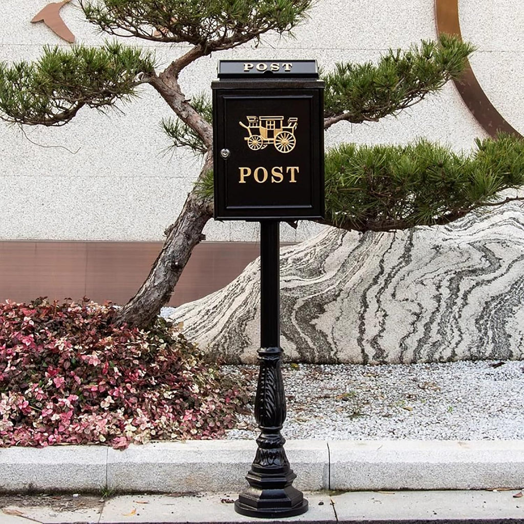 Mailboxes for Outside, Cast Aluminum Mailbox with Post, Heavy Duty Metal Mailbox with 2 Keys, for Home, Garden, Office(Black)