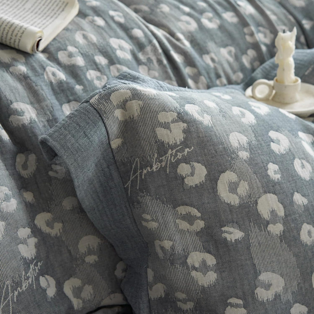 Jacquard Leopard Duvet Cover King Yarn-Dyed Linen Cotton Duvet Cover Vintage Grey Leopard Print Bedding Set Muslin Cotton Jacquard Comforter Cover Leopard Pattern Floral Duvet Cover for Men Women